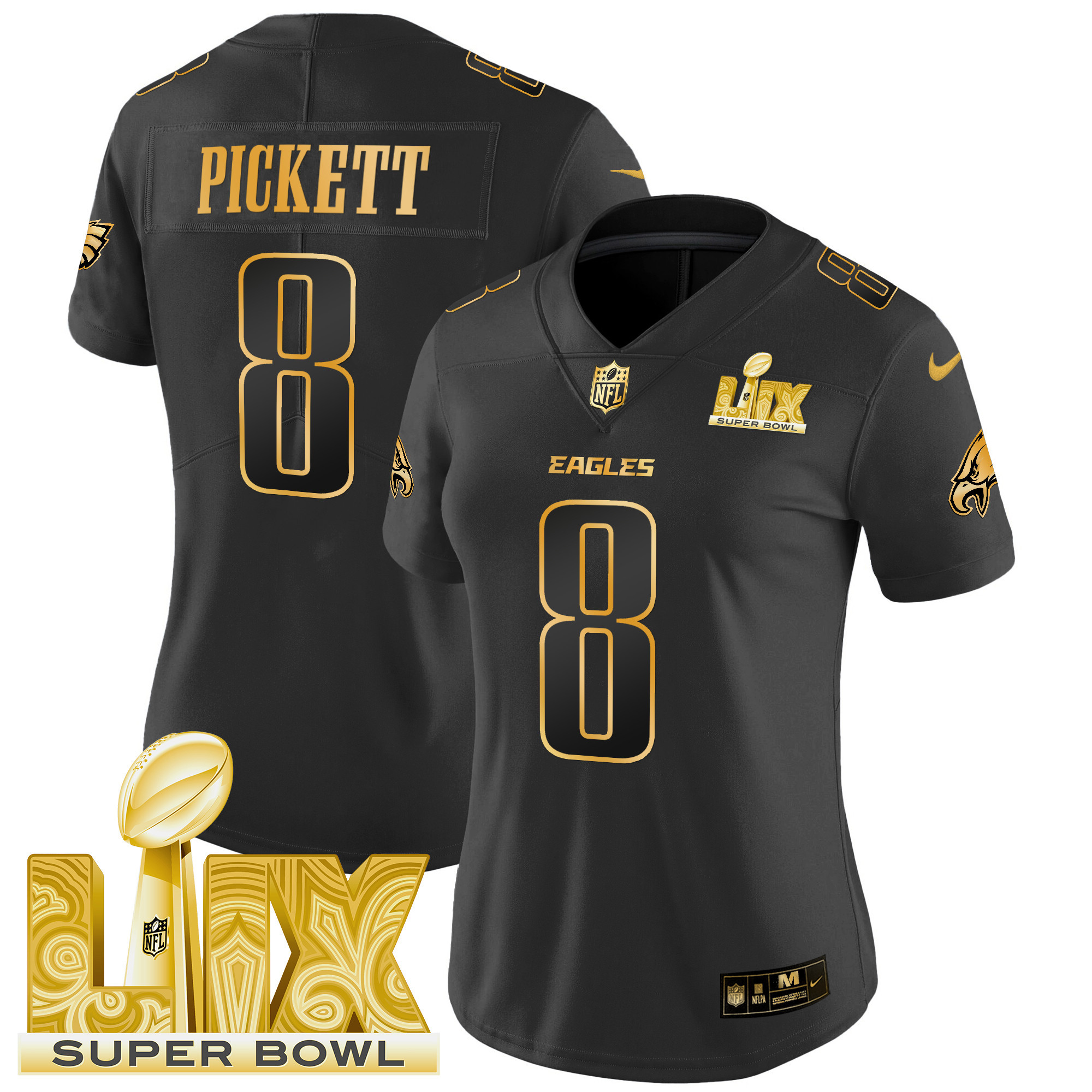 Kenny Pickett Women's Philadelphia Eagles Super Bowl LIX Patch Gold Vapor Limited Black Gold Jersey - All Stitched