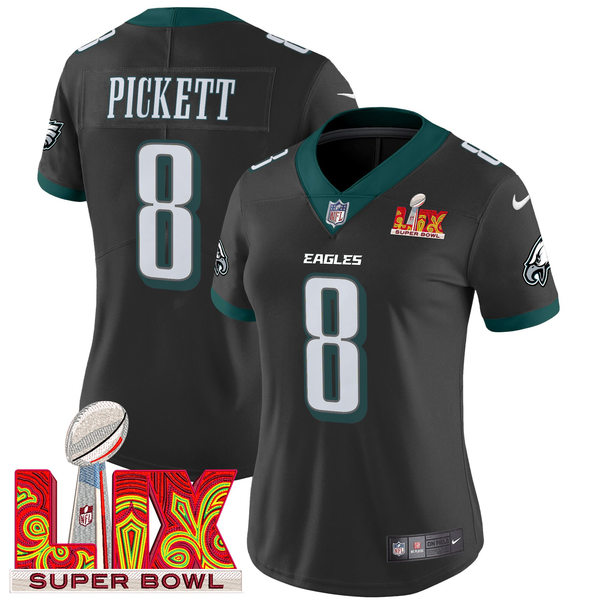 Kenny Pickett Women's Philadelphia Eagles Super Bowl LIX Patch Vapor Limited Black Jersey - All Stitched