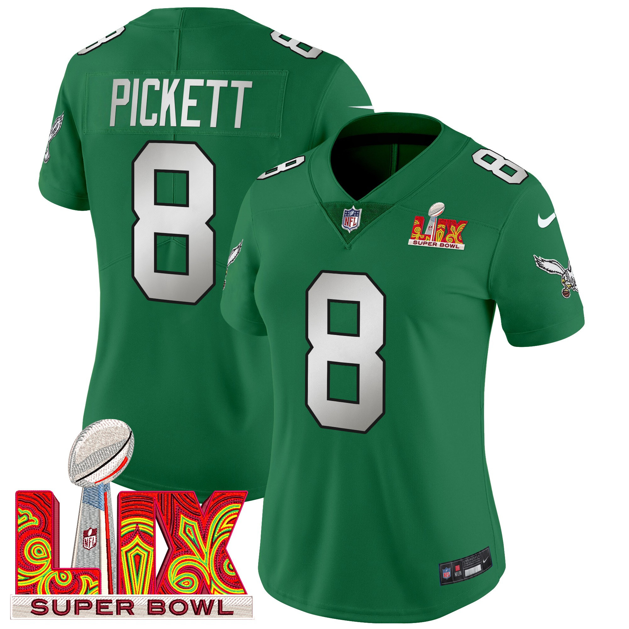 Kenny Pickett Women's Philadelphia Eagles Super Bowl LIX Patch Vapor Limited Kelly Green Jersey - All Stitched