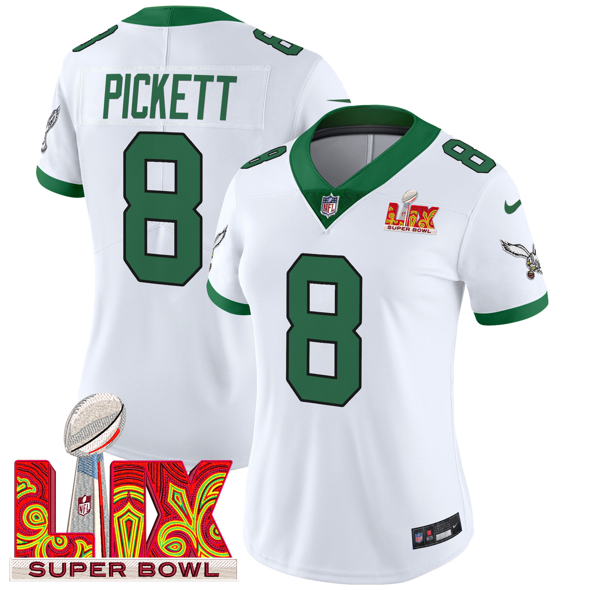 Kenny Pickett Women's Philadelphia Eagles Super Bowl LIX Patch Vapor Limited Kelly White Jersey - All Stitched