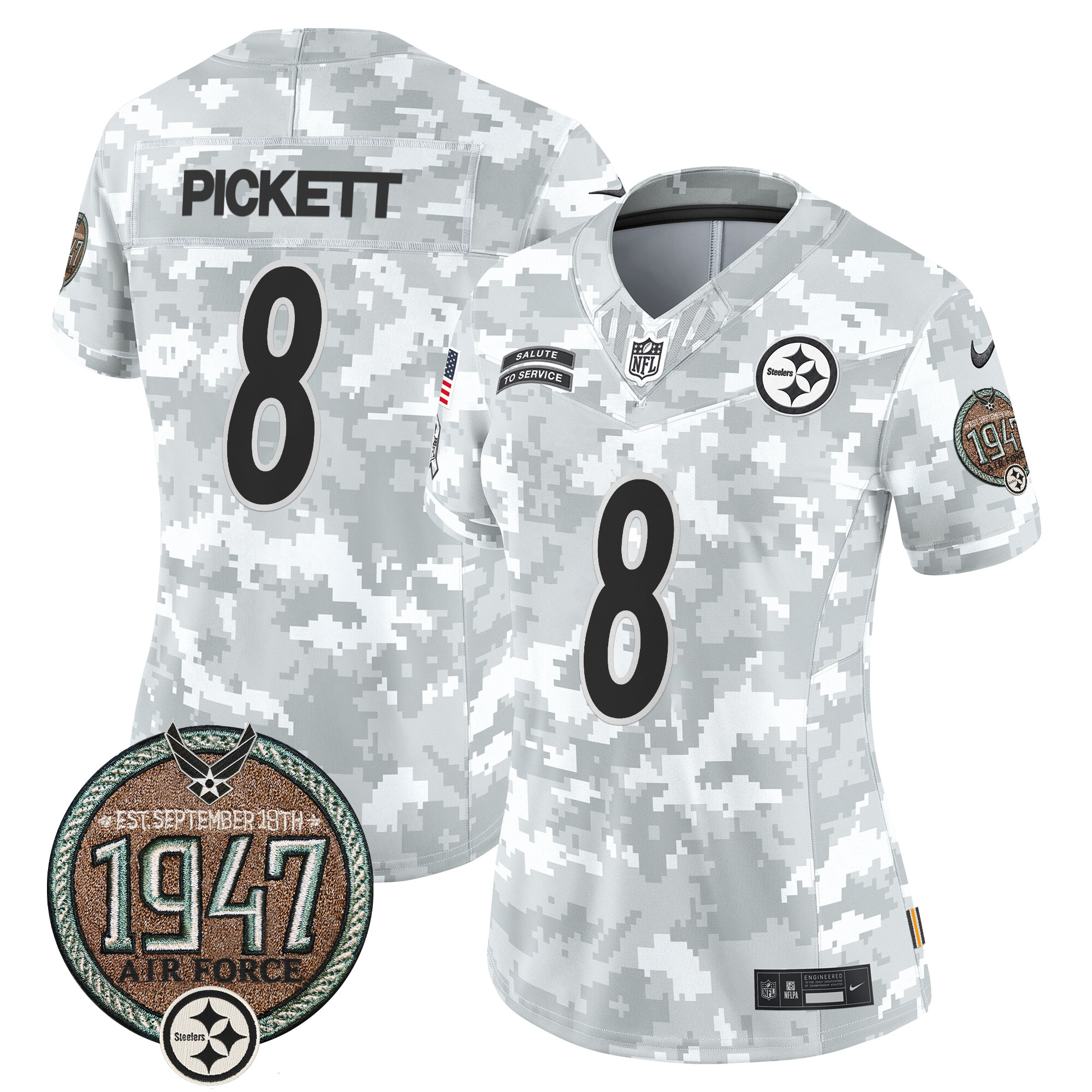 Kenny Pickett Women's Pittsburgh Steelers 2024 Salute to Service Establishment Year Patch Vapor Limited Air Force Jersey - All Stitched