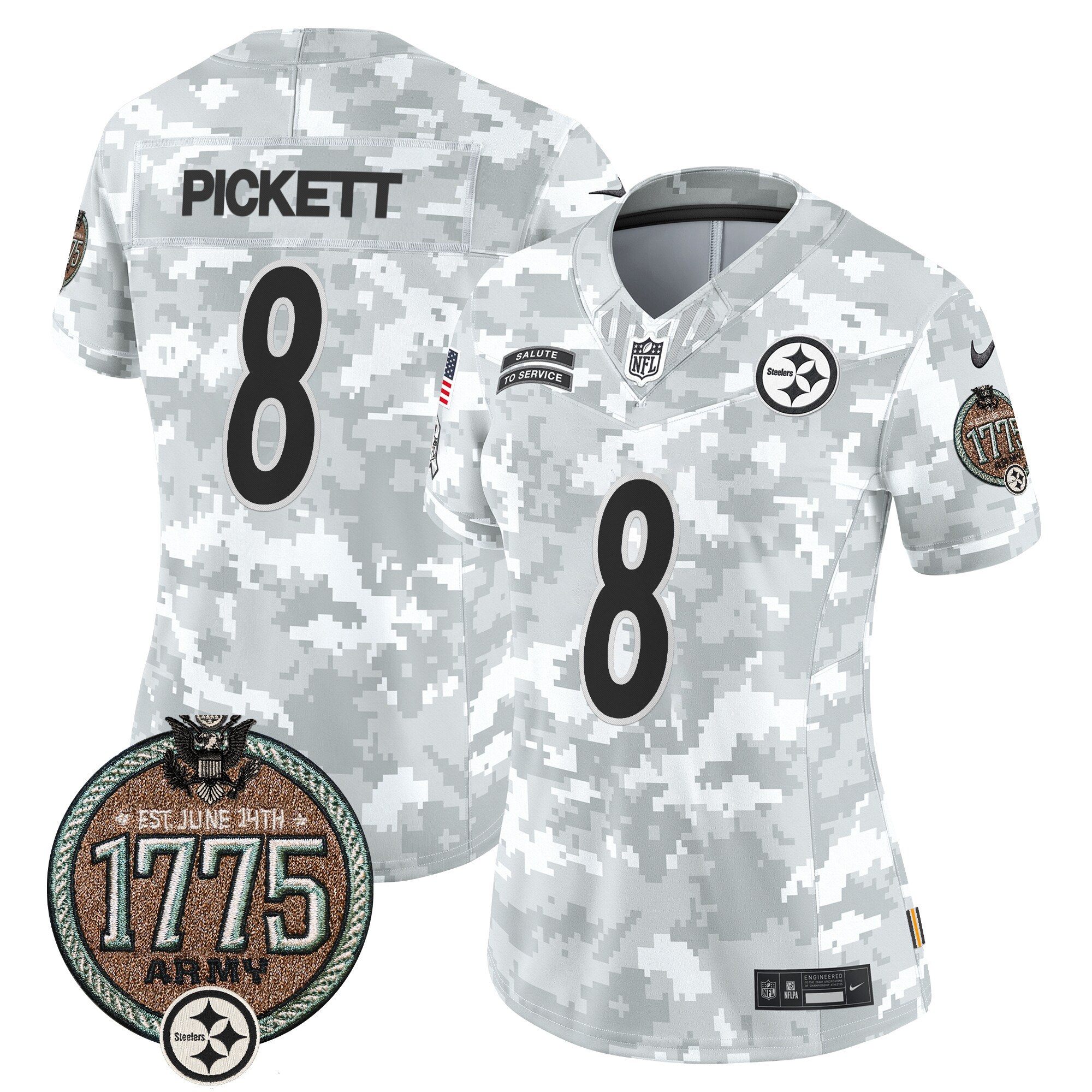 Kenny Pickett Women's Pittsburgh Steelers 2024 Salute to Service Establishment Year Patch Vapor Limited Army Jersey - All Stitched
