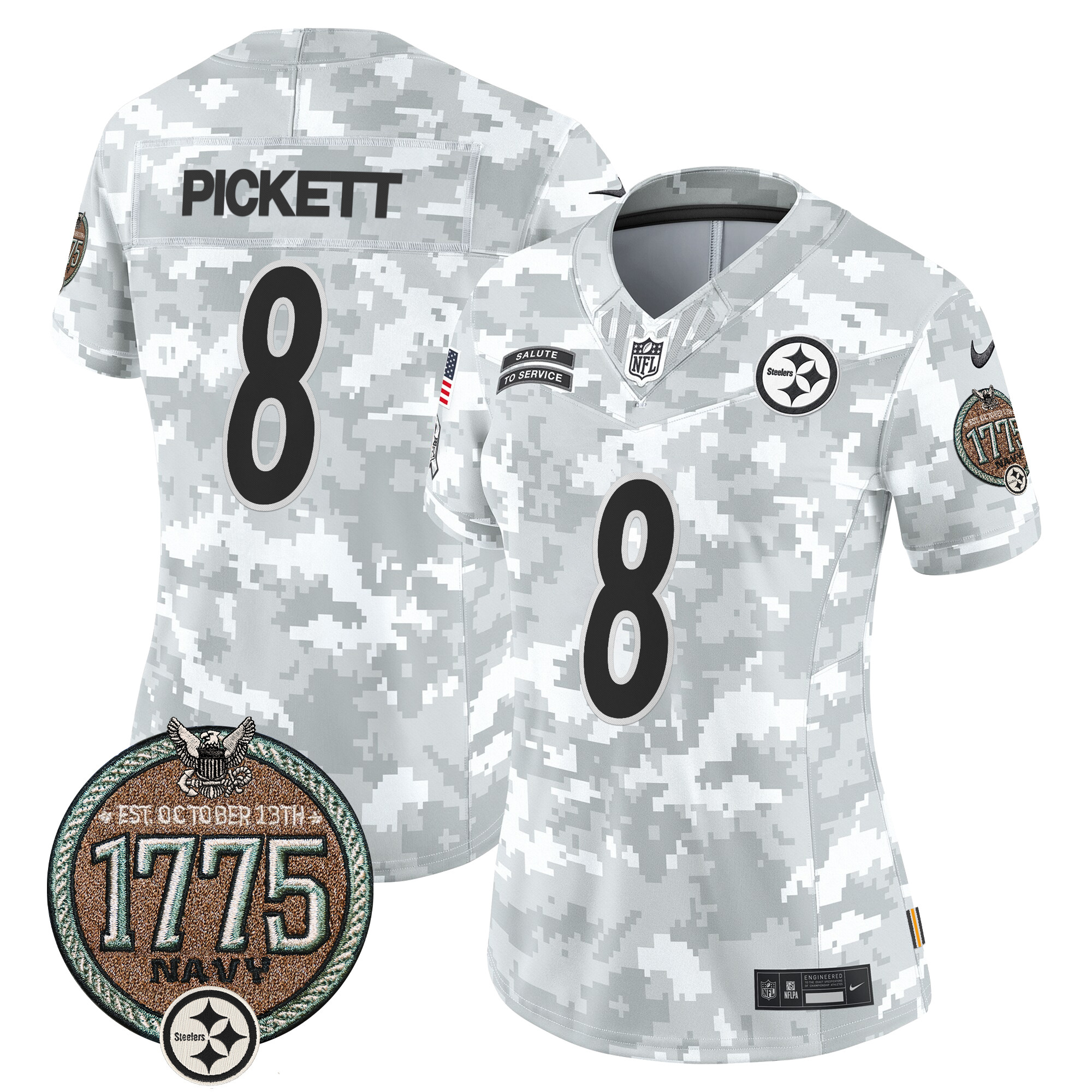 Kenny Pickett Women's Pittsburgh Steelers 2024 Salute to Service Establishment Year Patch Vapor Limited Navy Jersey - All Stitched
