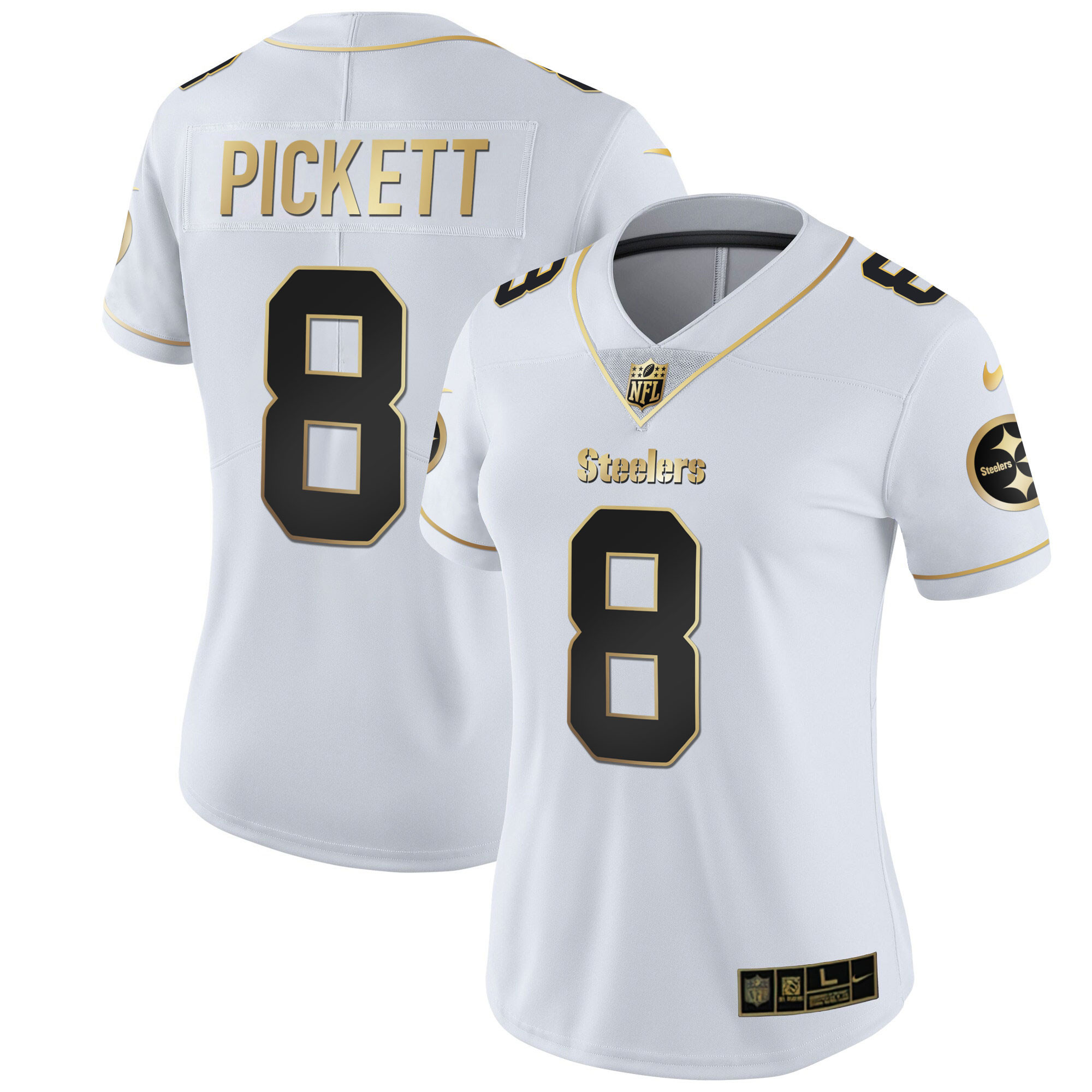 Kenny Pickett Women's Pittsburgh Steelers White Gold & Black Gold - All Stitched White Gold Jersey - All Stitched