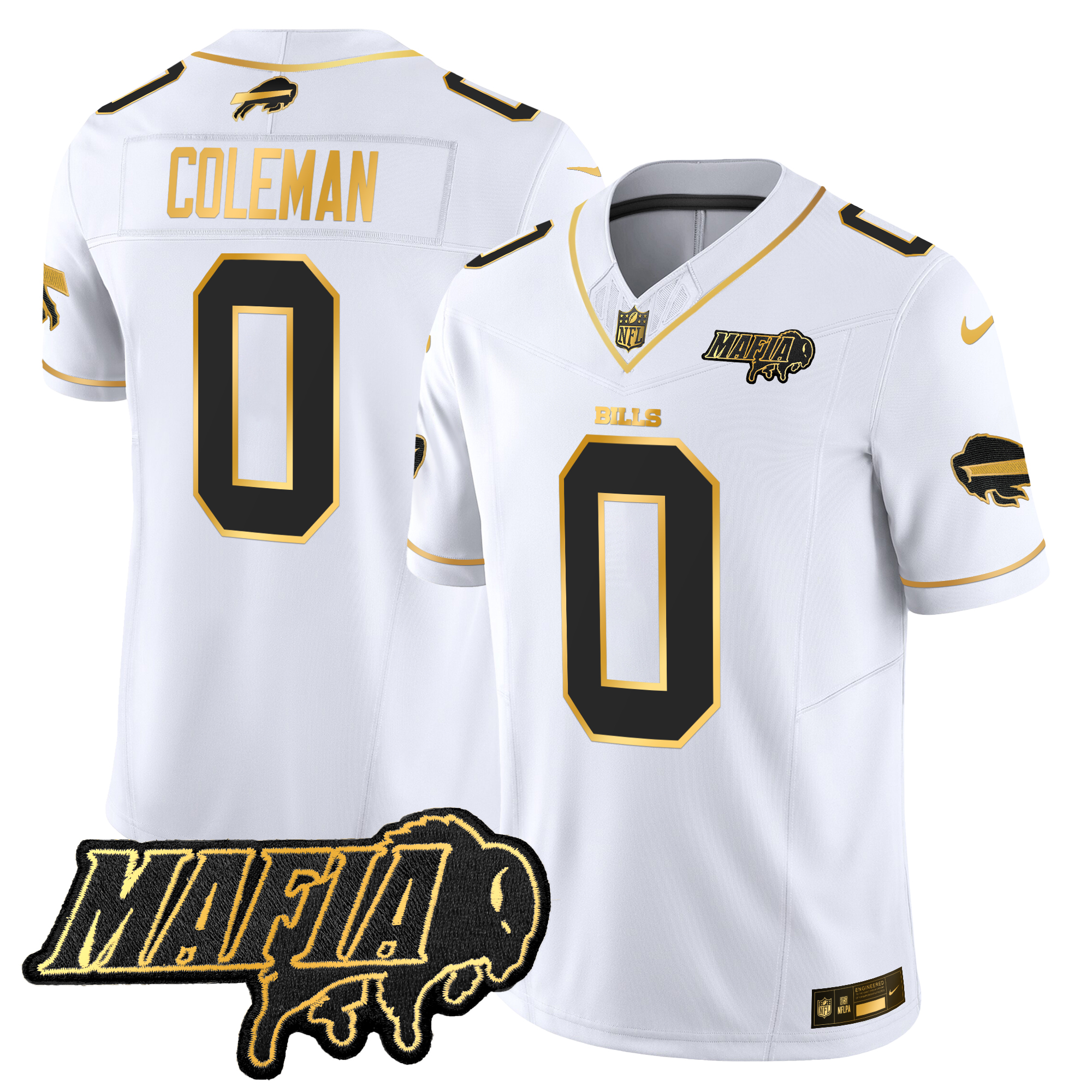 Keon Coleman Men's Buffalo Bills 2024 Buffalo Bills Mafia Patch Gold Vapor Limited White Gold Jersey - All Stitched