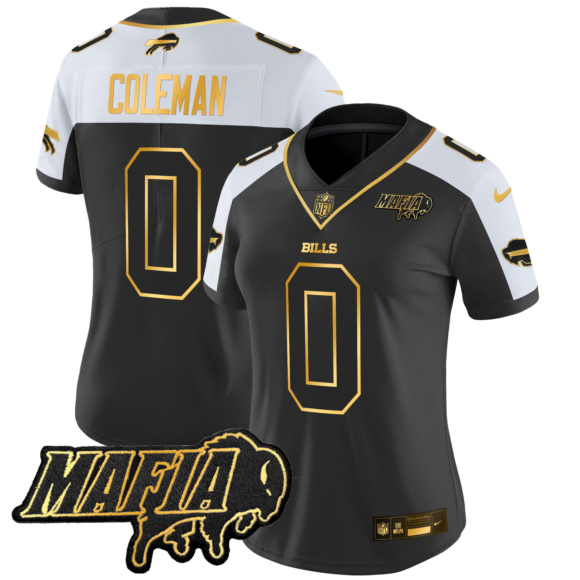Keon Coleman Women's Buffalo Bills 2024 Buffalo Bills Mafia Patch Gold Vapor Limited Alternate Jersey - All Stitched