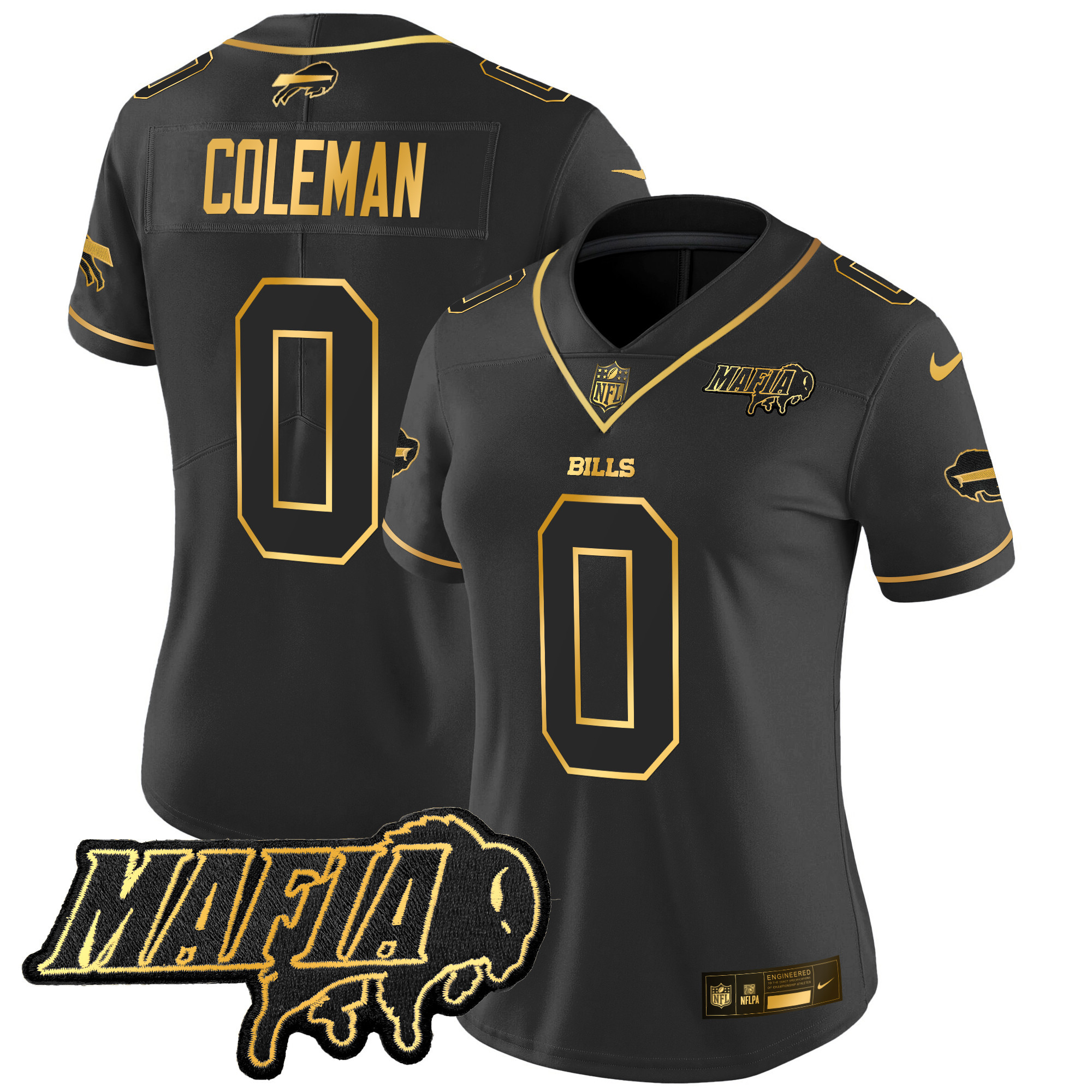 Keon Coleman Women's Buffalo Bills 2024 Buffalo Bills Mafia Patch Gold Vapor Limited Black Gold Jersey - All Stitched