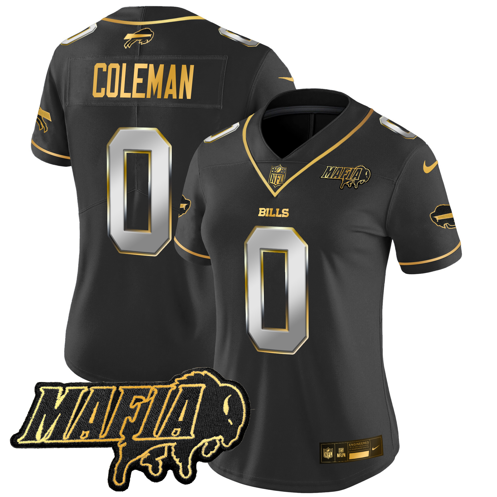 Keon Coleman Women's Buffalo Bills 2024 Buffalo Bills Mafia Patch Gold Vapor Limited Black Limited Jersey - All Stitched