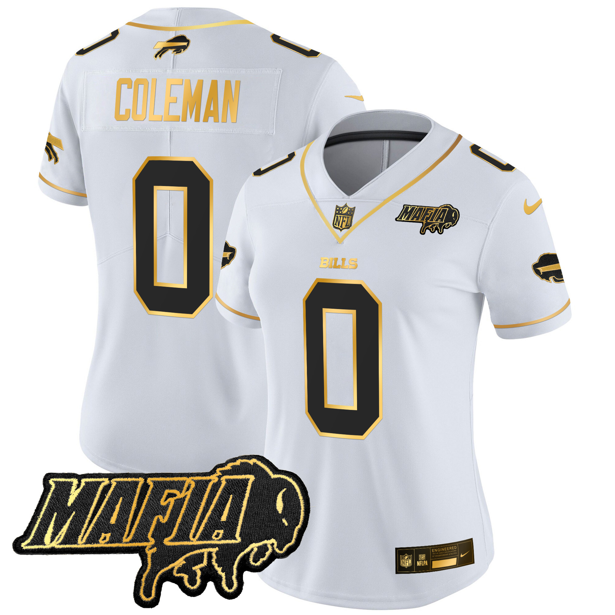 Keon Coleman Women's Buffalo Bills 2024 Buffalo Bills Mafia Patch Gold Vapor Limited White Gold Jersey - All Stitched