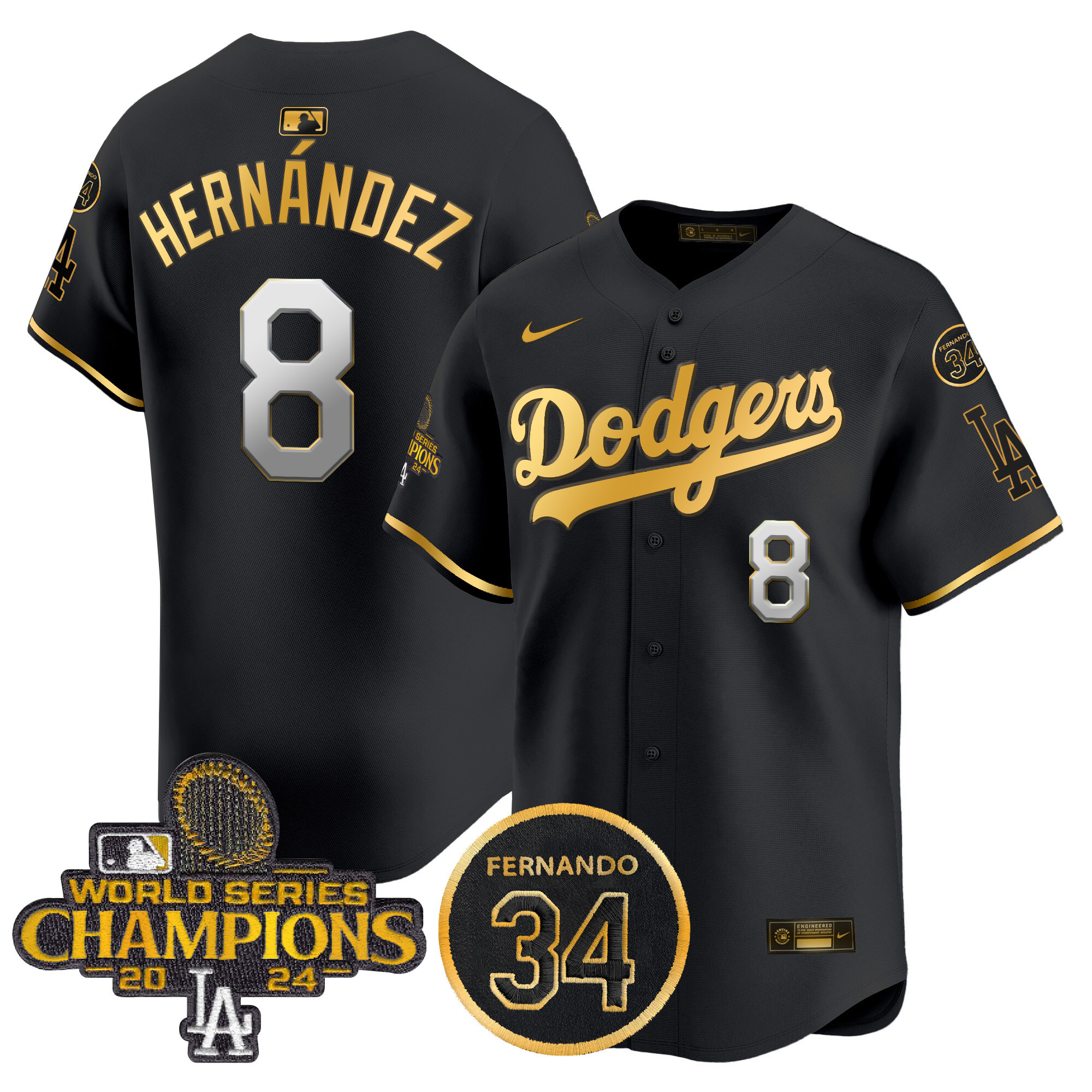 Kike Hernandez Men's Los Angeles Dodgers 2024 World Series Champions Gold Trim Vapor Premier Limited Black Gold Jersey V2 - All Stitched