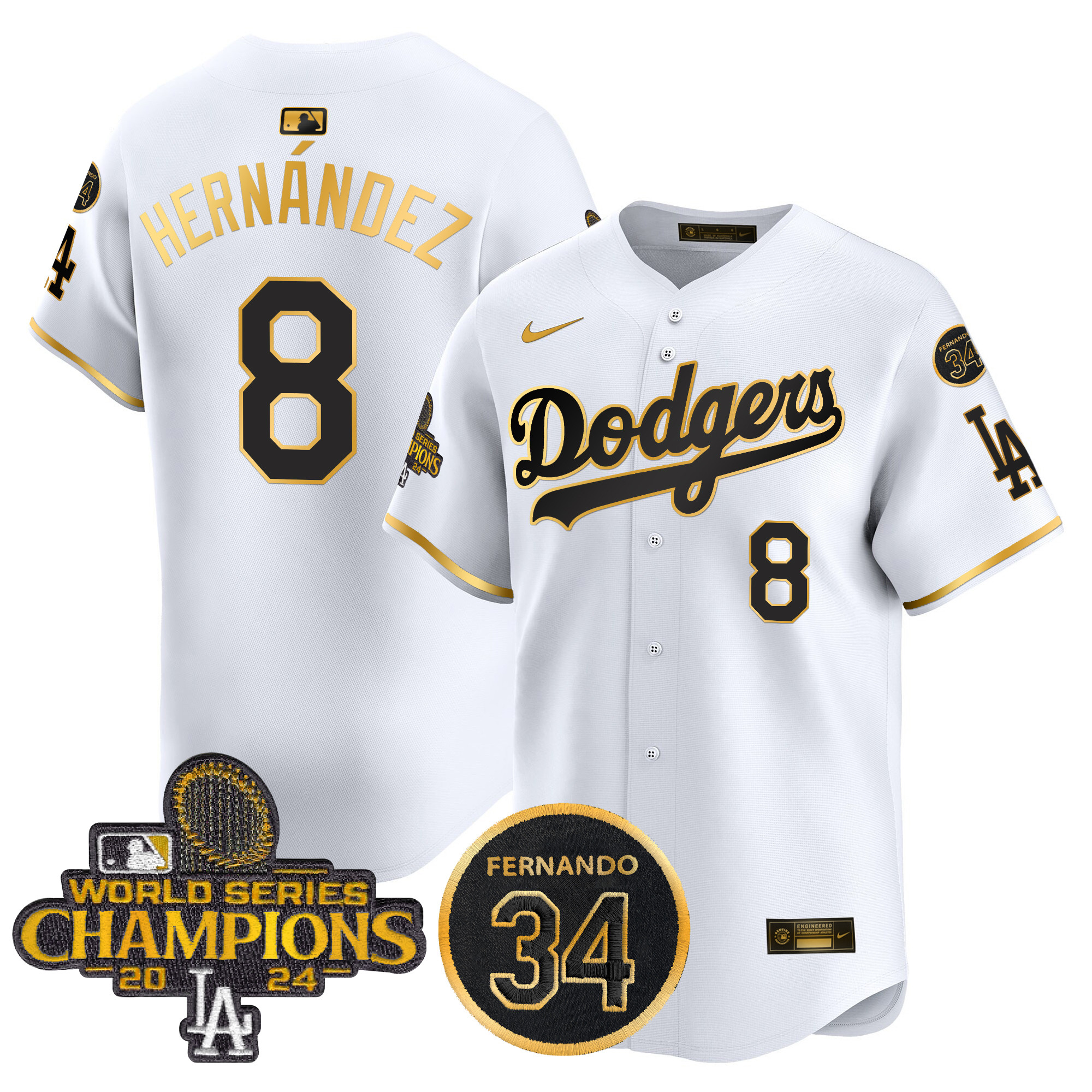 Kike Hernandez Men's Los Angeles Dodgers 2024 World Series Champions Gold Trim Vapor Premier Limited White Gold Jersey V2 - All Stitched