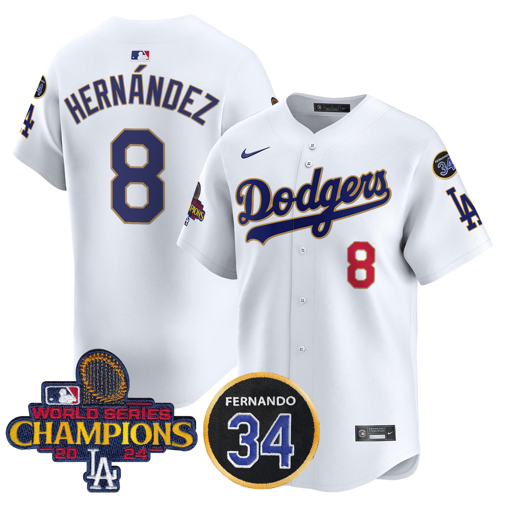 Kike Hernandez Men's Los Angeles Dodgers 2024 World Series Champions Gold Trim Vapor Premier Limited White Jersey V2 - All Stitched