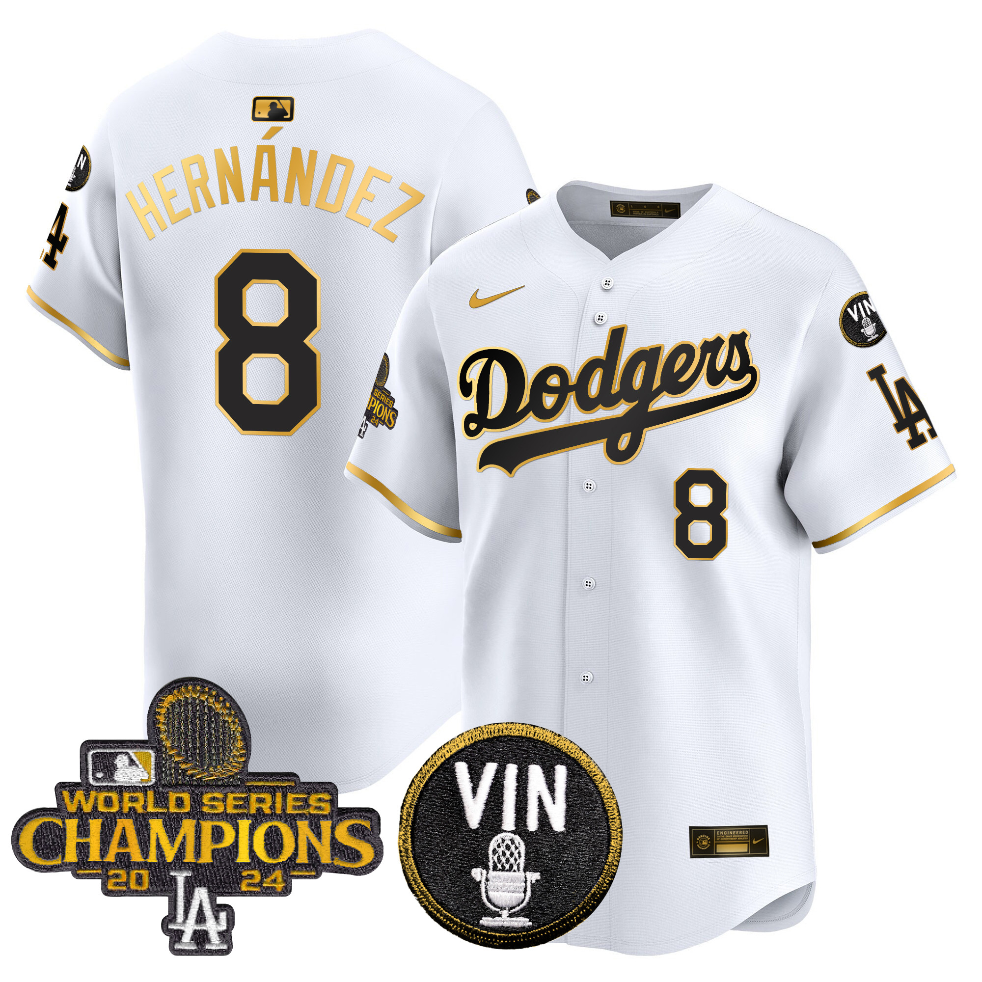 Kike Hernandez Men's Los Angeles Dodgers 2024 World Series Champions Patch Vapor Premier Limited White Gold Jersey V3 - All Stitched