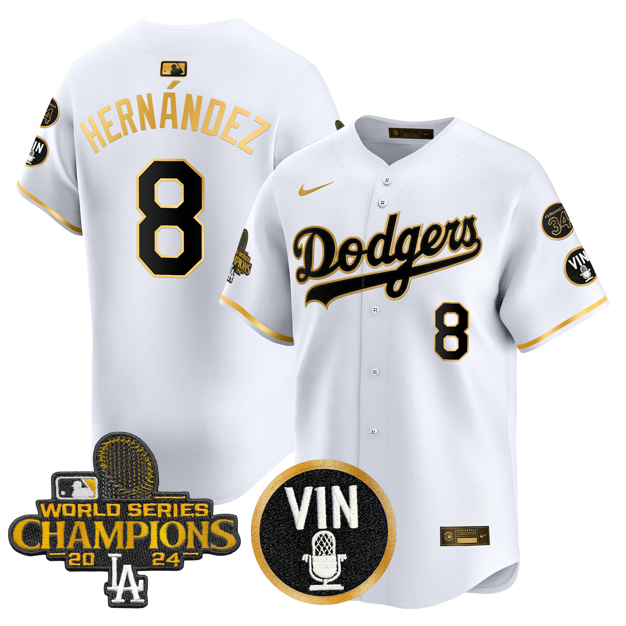 Kike Hernandez Men's Los Angeles Dodgers 2025 Vin Scully & #34 Fernando Patch Gold Vapor Premier Limited White Gold Jersey - All Stitched