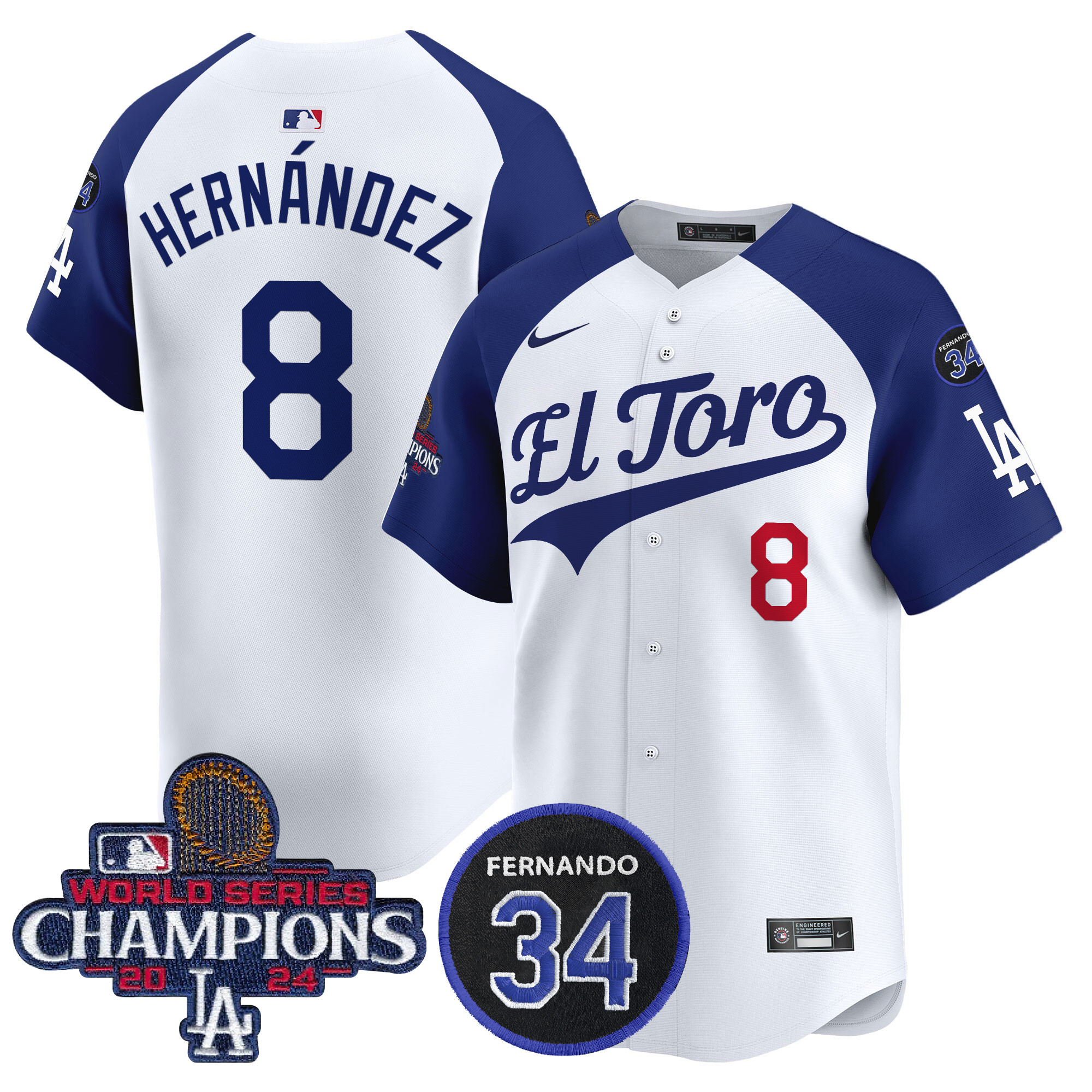 Kike Hernandez Men's Los Angeles Dodgers El Toro 2024 World Series Champions Patch Vapor Premier Limited Alternate White Jersey - All Stitched