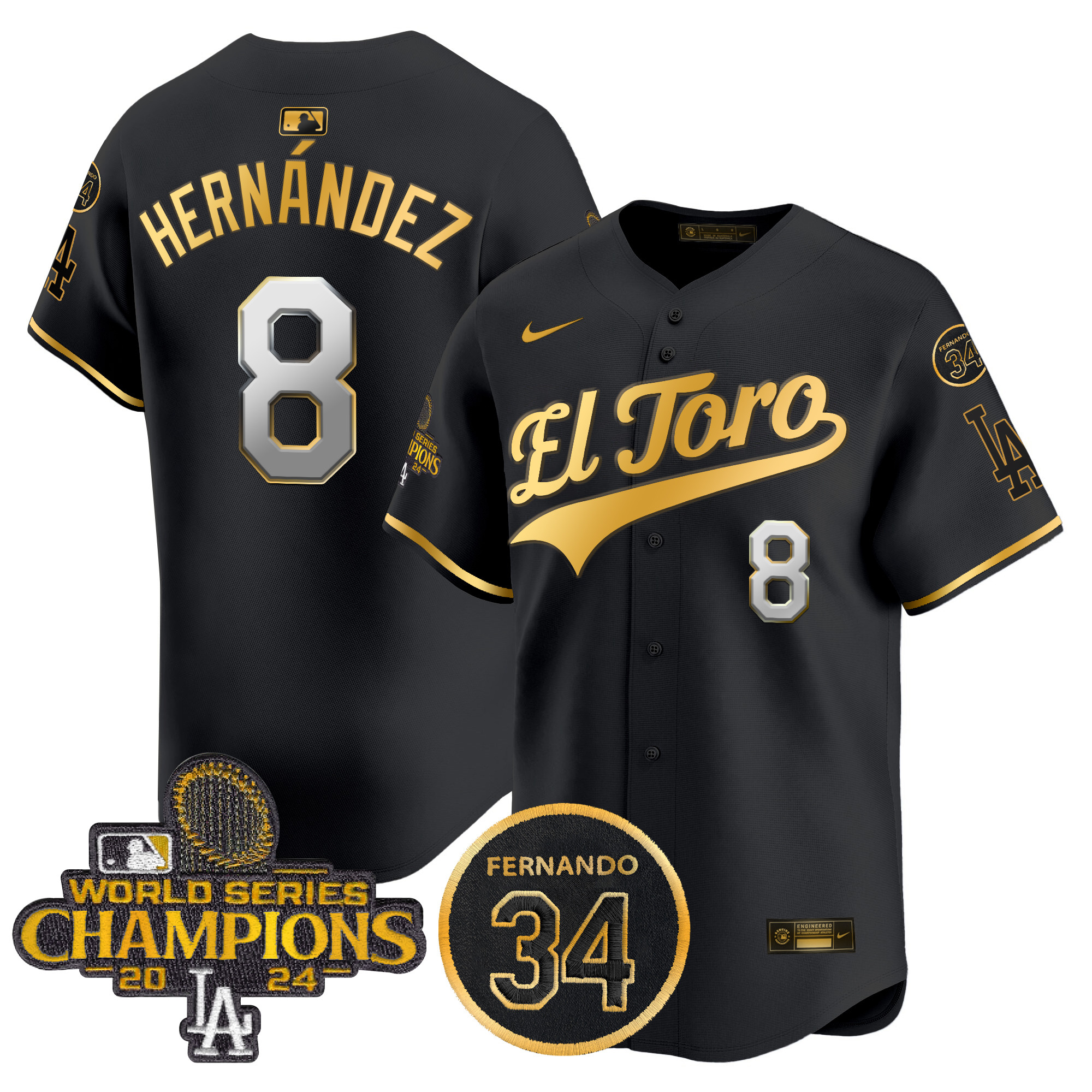 Kike Hernandez Men's Los Angeles Dodgers El Toro 2024 World Series Champions Patch Vapor Premier Limited Black Gold Jersey - All Stitched