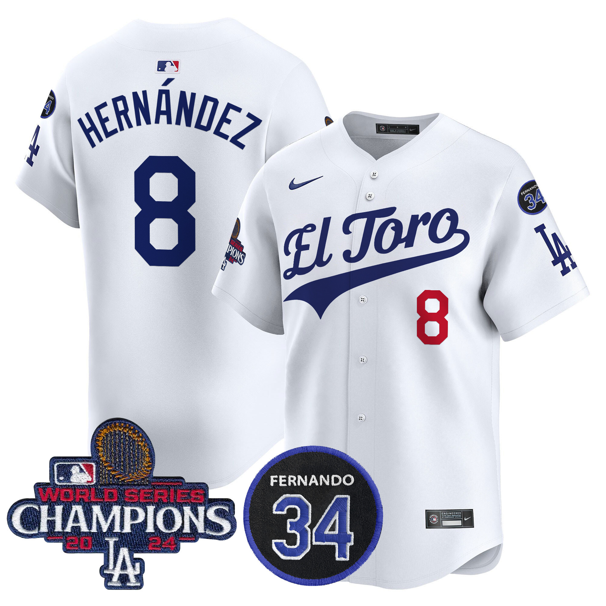 Kike Hernandez Men's Los Angeles Dodgers El Toro 2024 World Series Champions Patch Vapor Premier Limited White Jersey - All Stitched