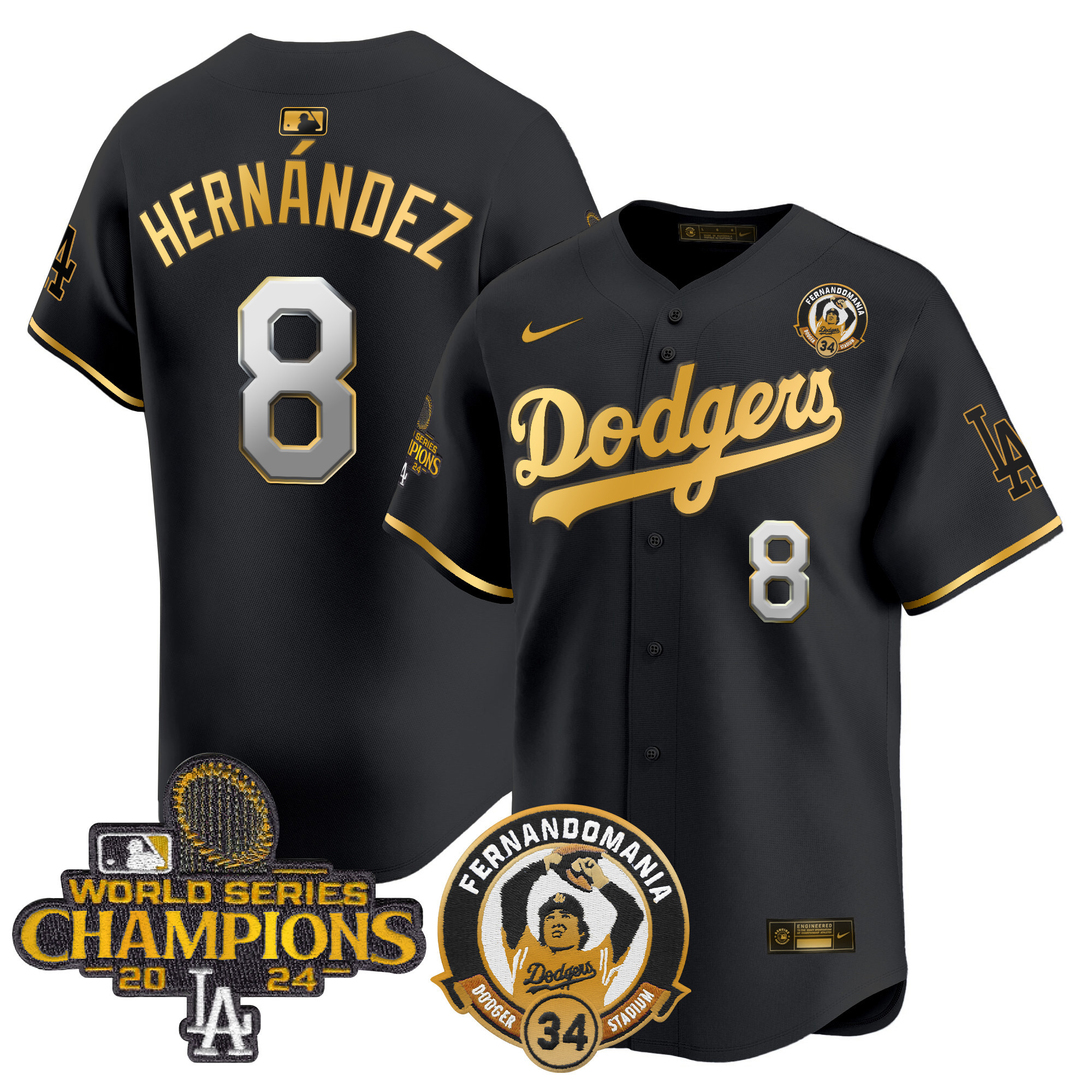 Kike Hernandez Men's Los Angeles Dodgers Fernando & 2024 World Series Champions Patch Vapor Premier Limited Black Gold Jersey - All Stitched