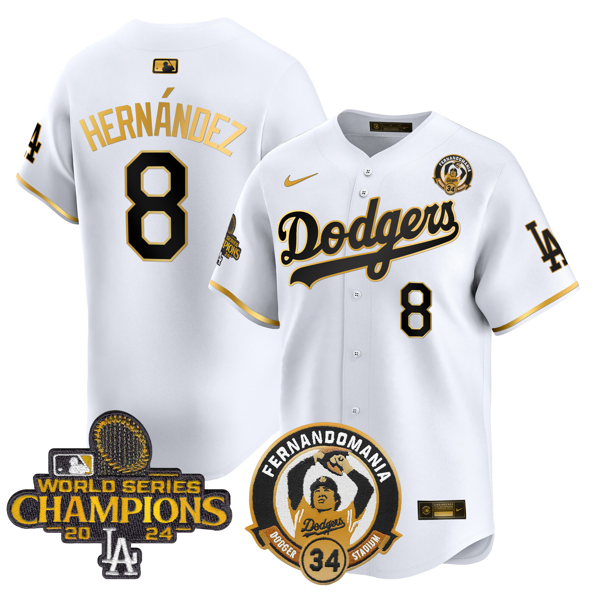 Kike Hernandez Men's Los Angeles Dodgers Fernando & 2024 World Series Champions Patch Vapor Premier Limited White Gold Jersey V2 - All Stitched