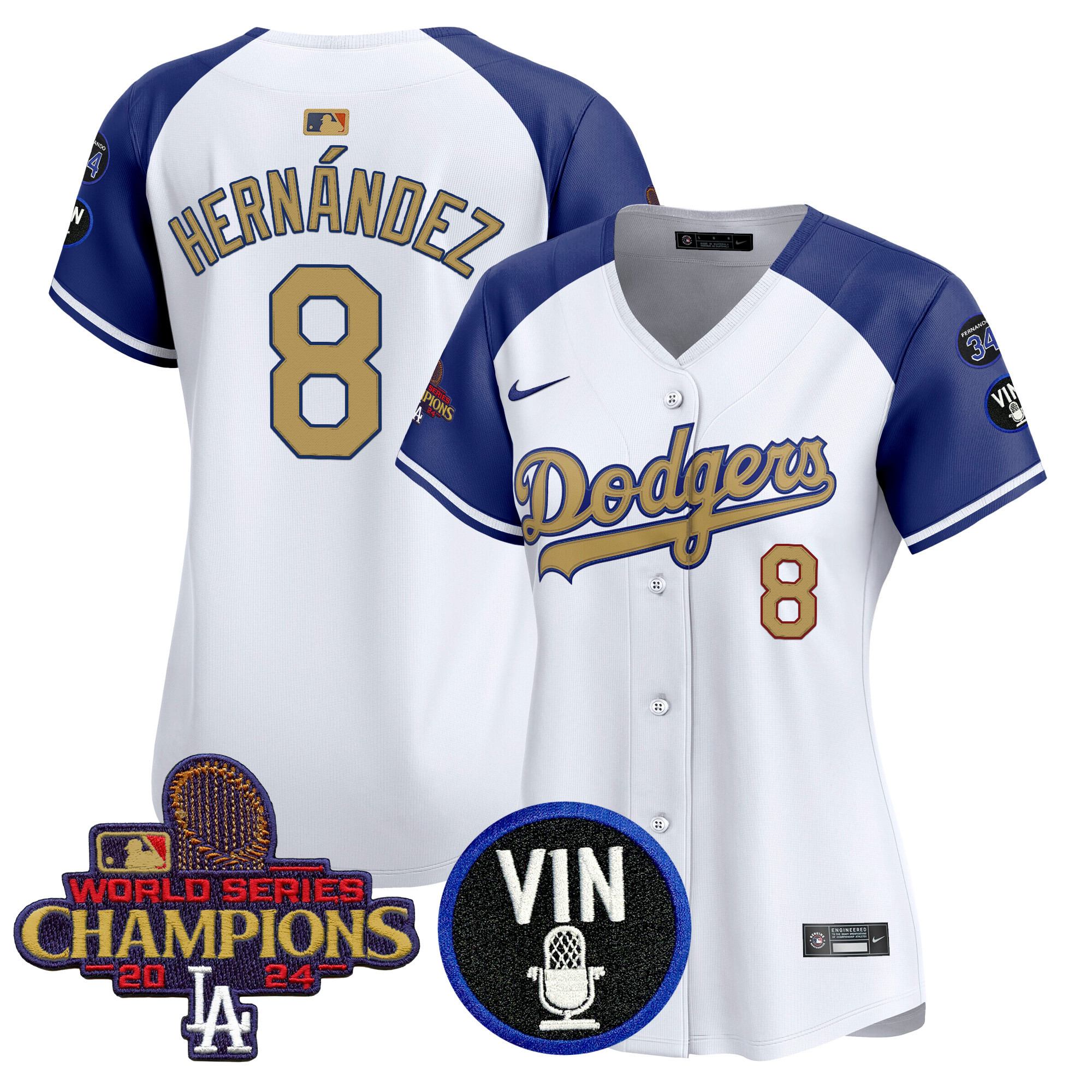 Kike Hernandez Women's Los Angeles Dodgers 2025 Vin Scully & #34 Fernando Patch Gold Vapor Premier Limited Alternate Jersey - All Stitched
