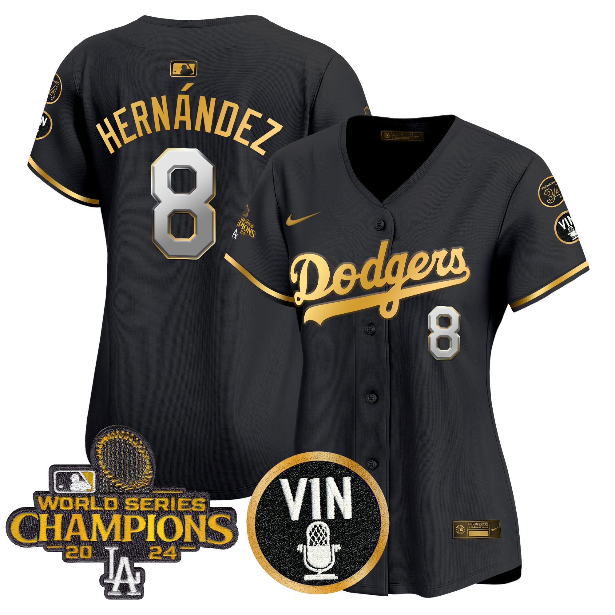Kike Hernandez Women's Los Angeles Dodgers 2025 Vin Scully & #34 Fernando Patch Gold Vapor Premier Limited Black Gold Jersey - All Stitched