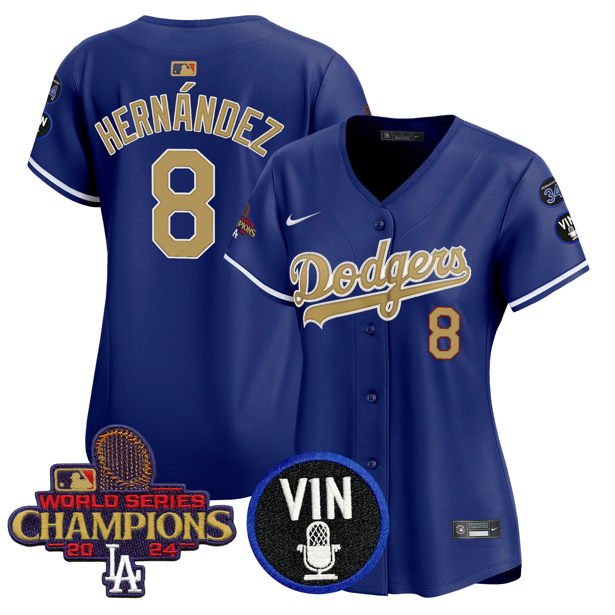 Kike Hernandez Women's Los Angeles Dodgers 2025 Vin Scully & #34 Fernando Patch Gold Vapor Premier Limited Royal Jersey - All Stitched