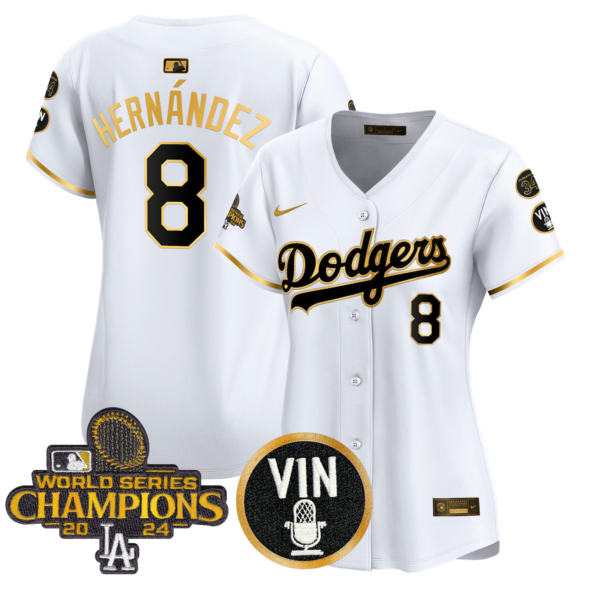 Kike Hernandez Women's Los Angeles Dodgers 2025 Vin Scully & #34 Fernando Patch Gold Vapor Premier Limited White Gold Jersey - All Stitched