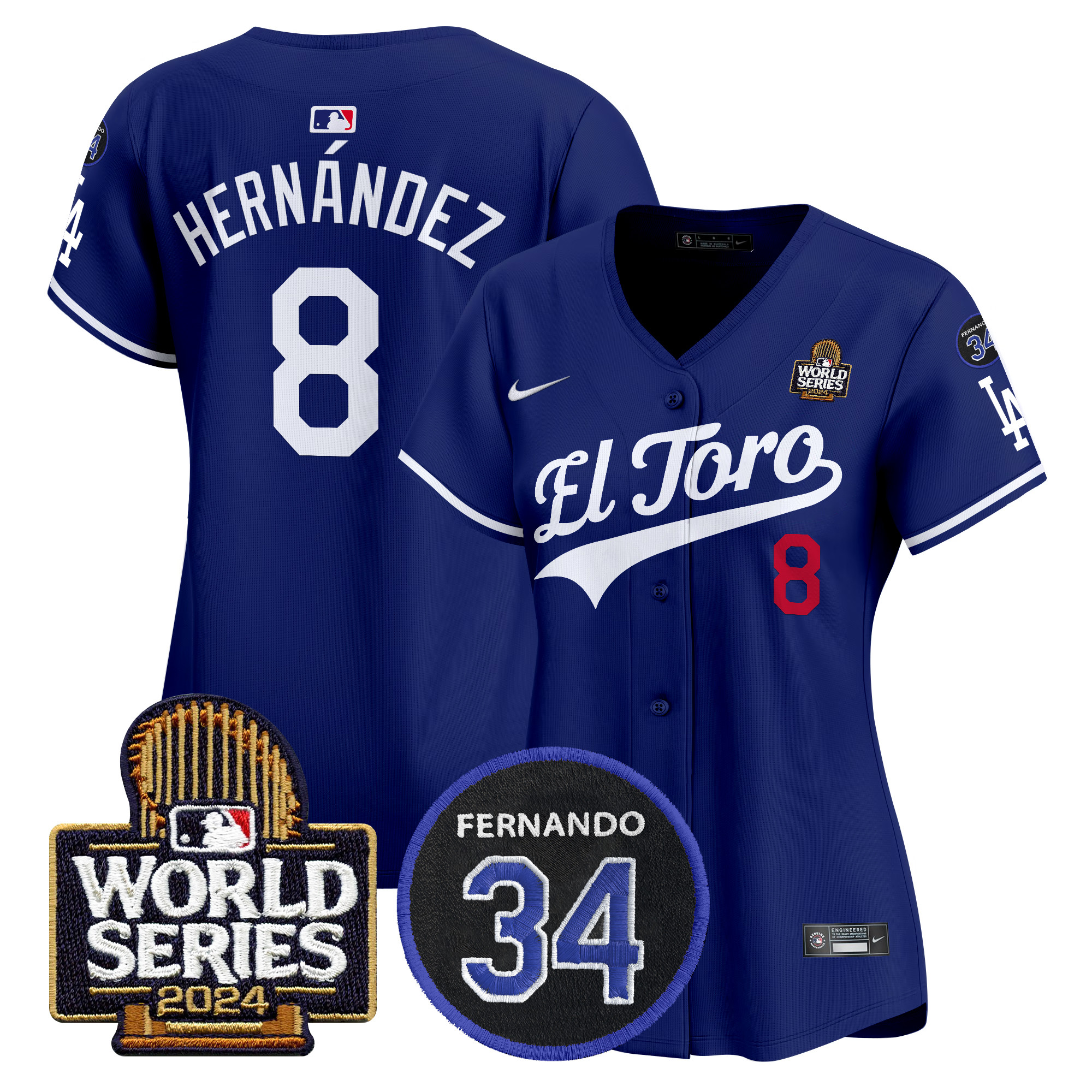 Kike Hernandez Women's Los Angeles Dodgers El Toro 2024 World Series Patch Vapor Premier Limited Royal Jersey - All Stitched