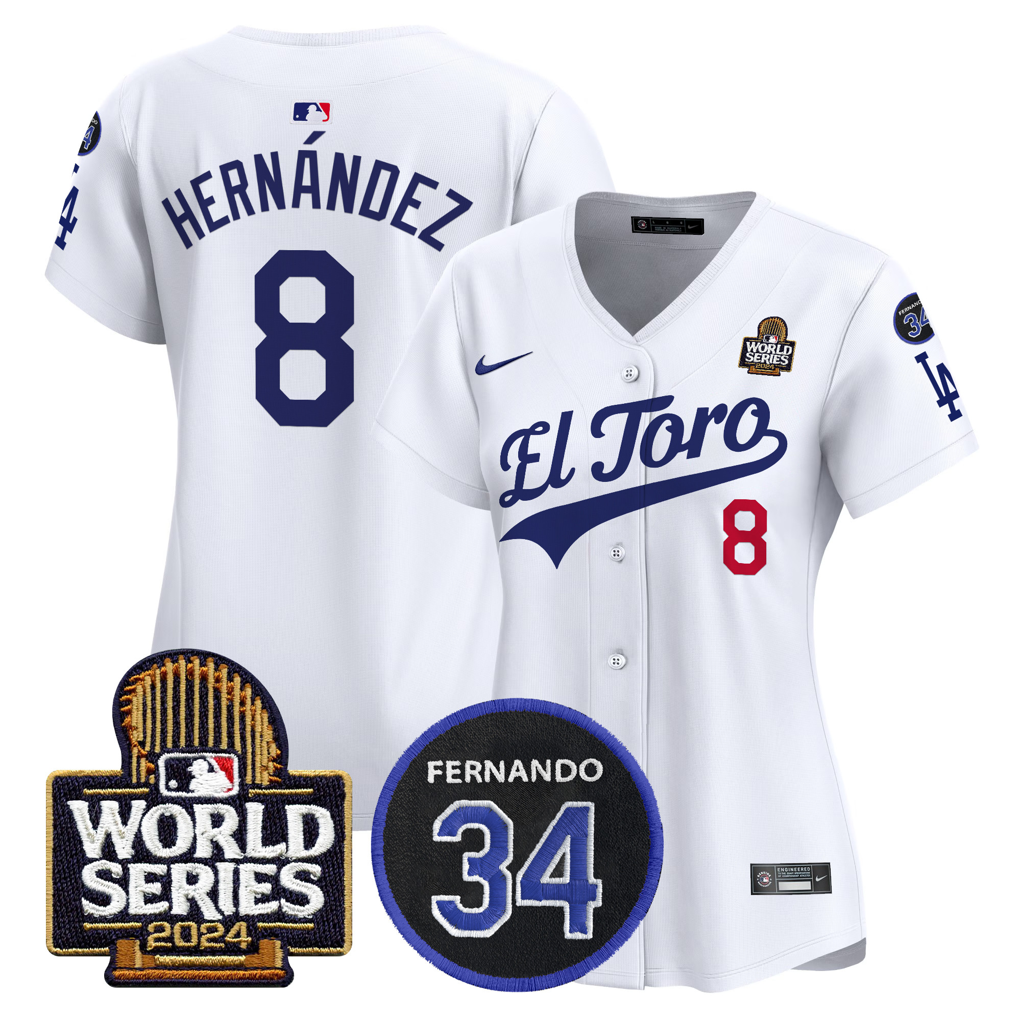 Kike Hernandez Women's Los Angeles Dodgers El Toro 2024 World Series Patch Vapor Premier Limited White Jersey - All Stitched