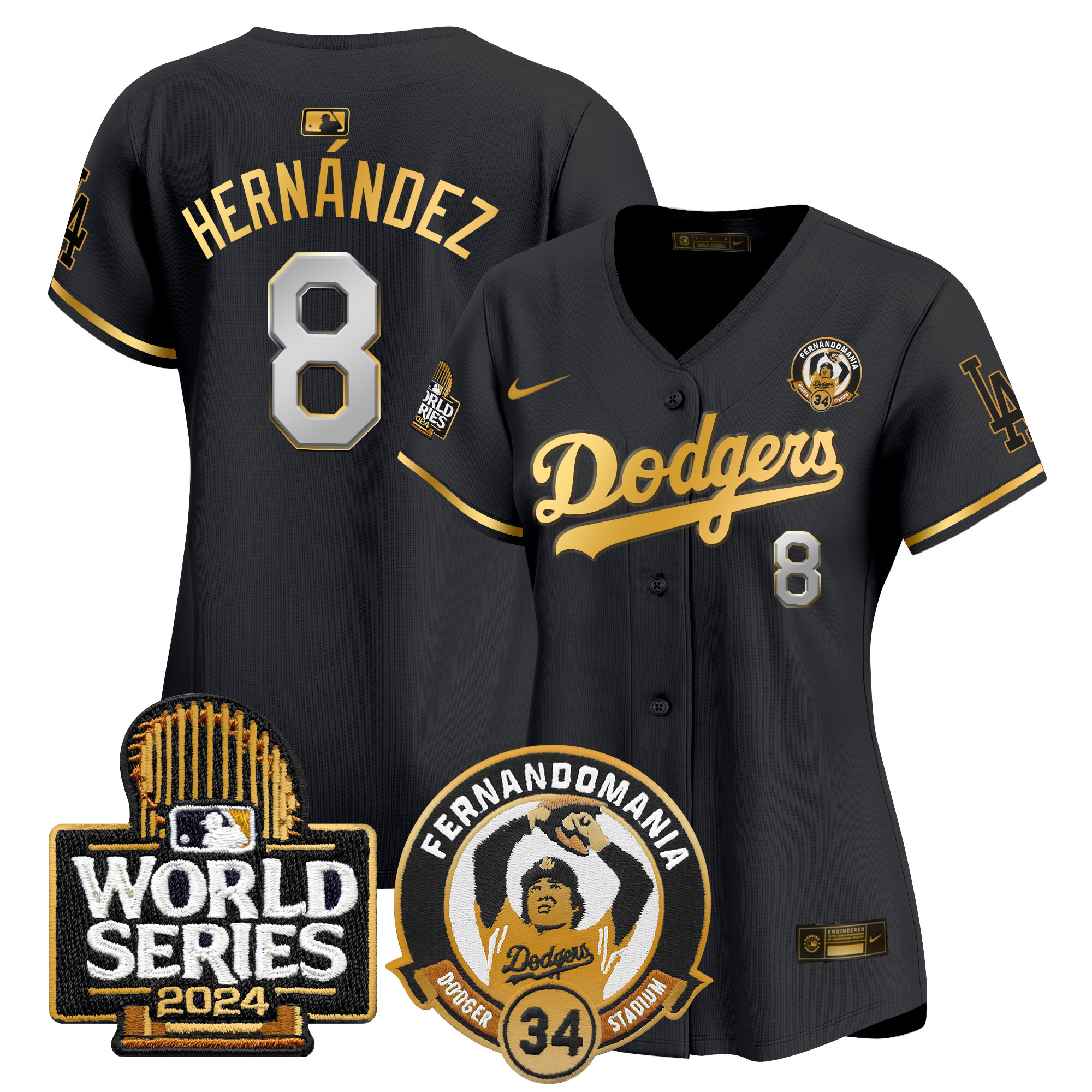 Kike Hernandez Women's Los Angeles Dodgers Fernando Valenzuela & 2024 World Series Patch Vapor Premier Limited Black Gold Jersey - All Stitched