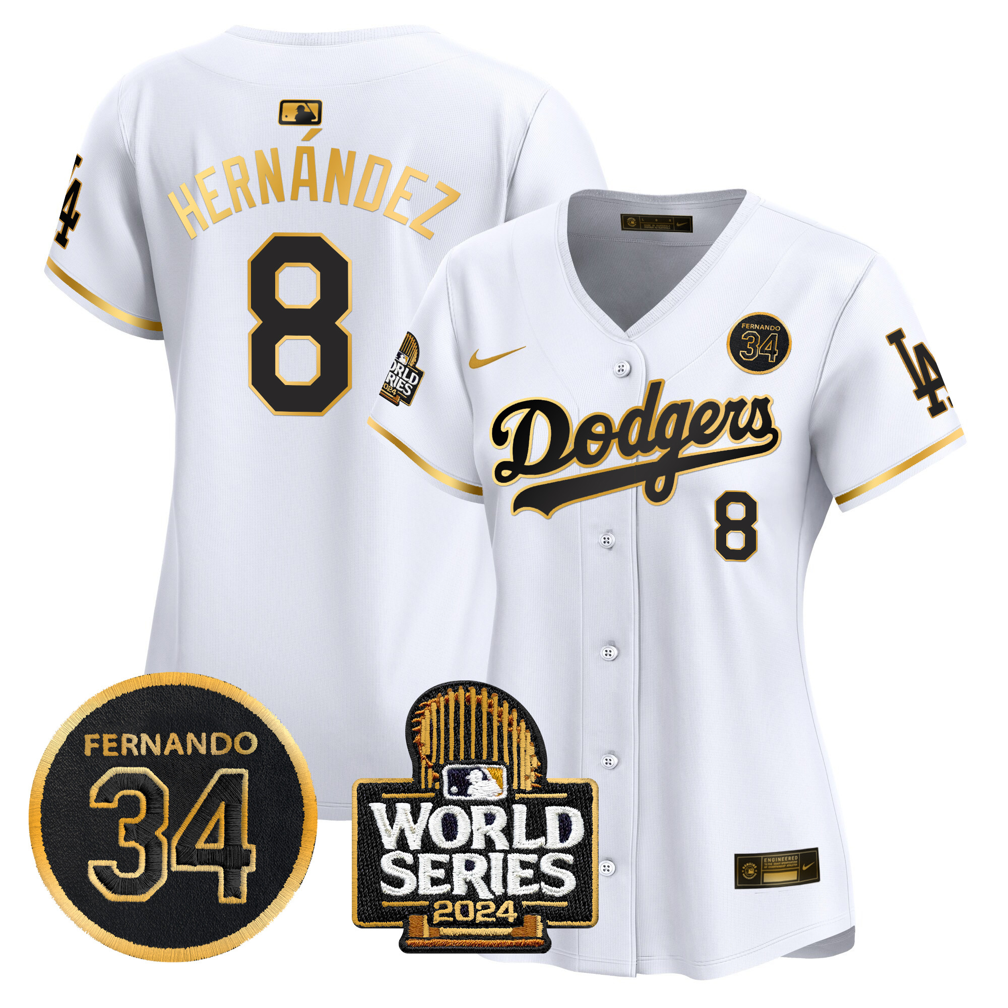 Kike Hernandez Women's Los Angeles Dodgers Fernando Valenzuela & 2024 World Series Patch Vapor Premier Limited White Gold Jersey V2 - All Stitched