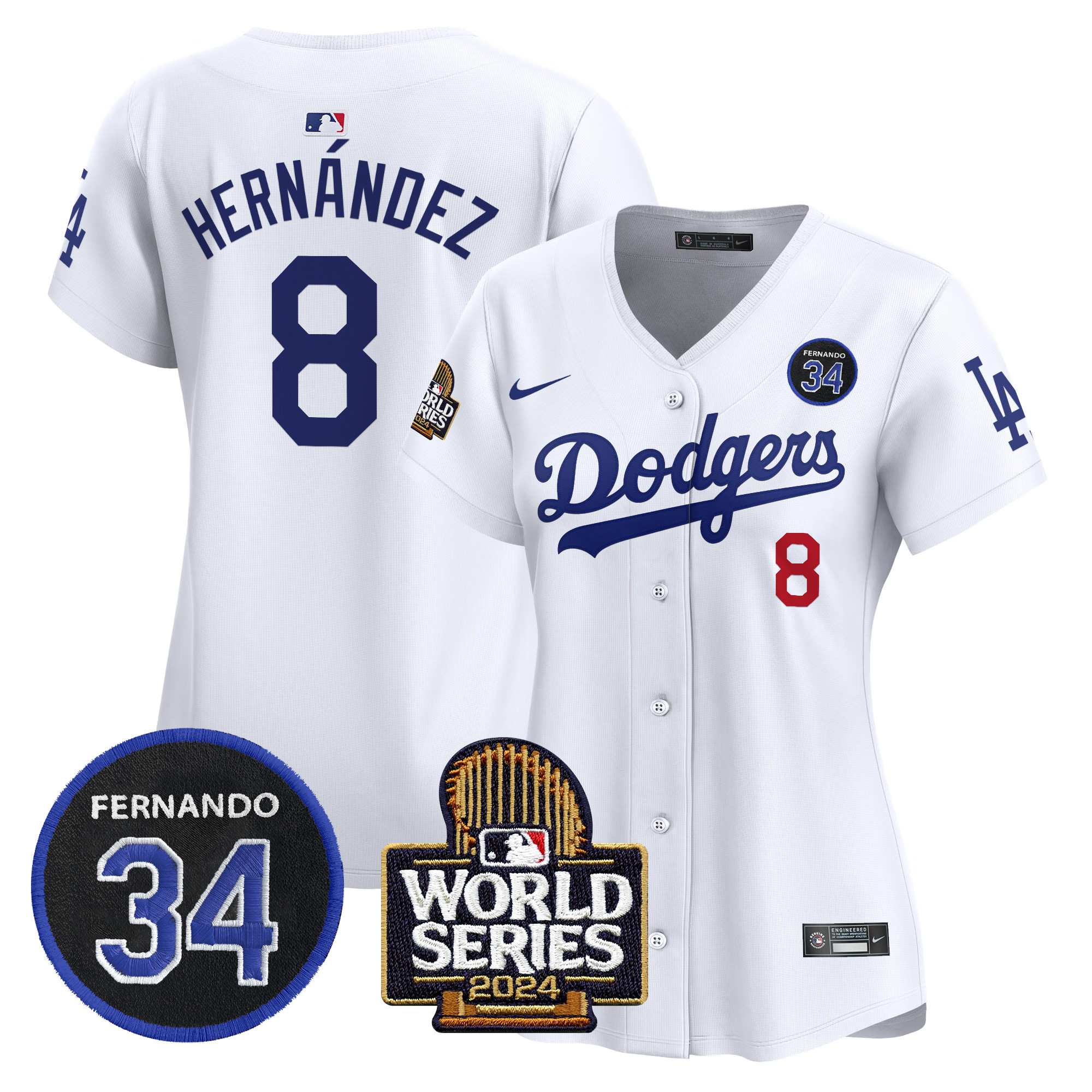 Kike Hernandez Women's Los Angeles Dodgers Fernando Valenzuela & 2024 World Series Patch Vapor Premier Limited White Jersey V2 - All Stitched