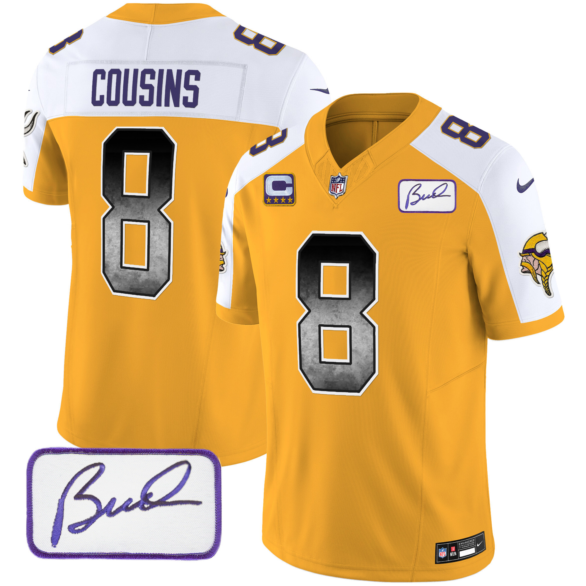 Kirk Cousins Men's Minnesota Vikings Bud Grant Patch Arch Smoke Vapor Gold Alternate Jersey - All Stitched