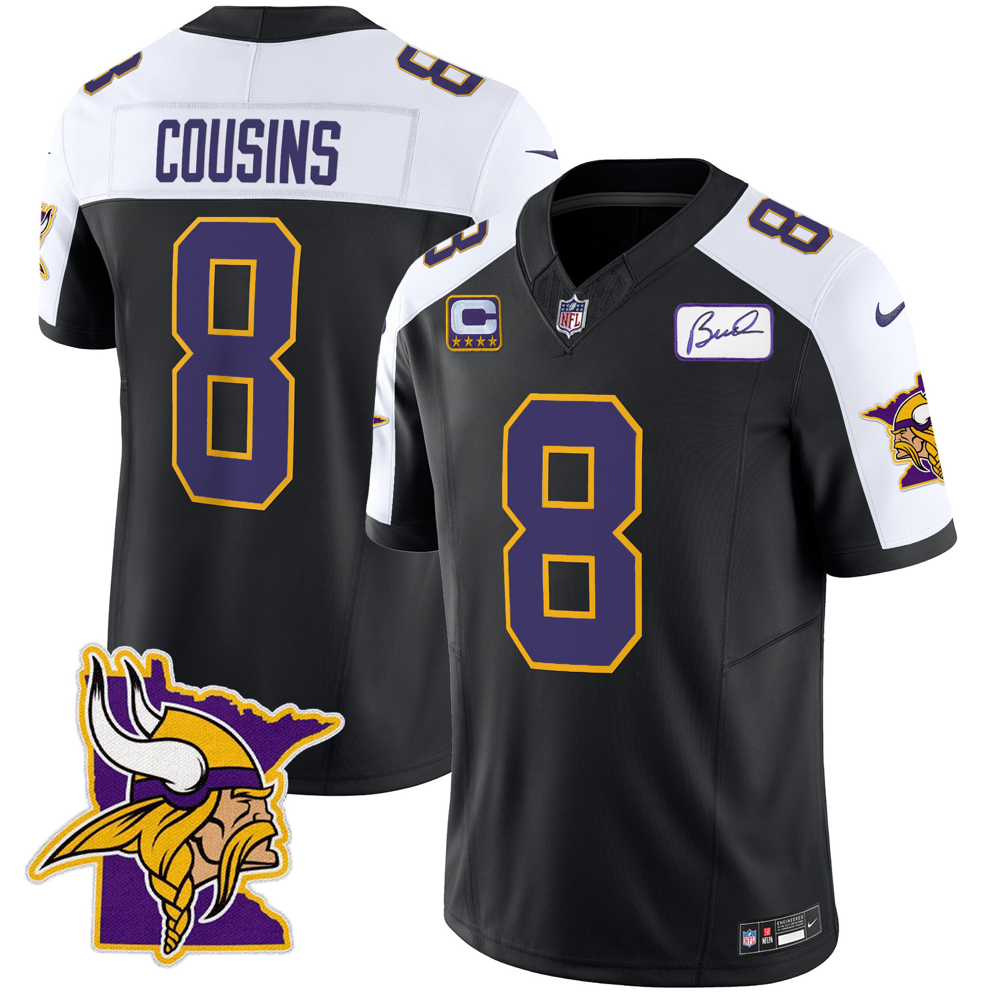 Kirk Cousins Men's Minnesota Vikings Bud Grant Patch Classic Limited Black Alternate Jersey - All Stitched