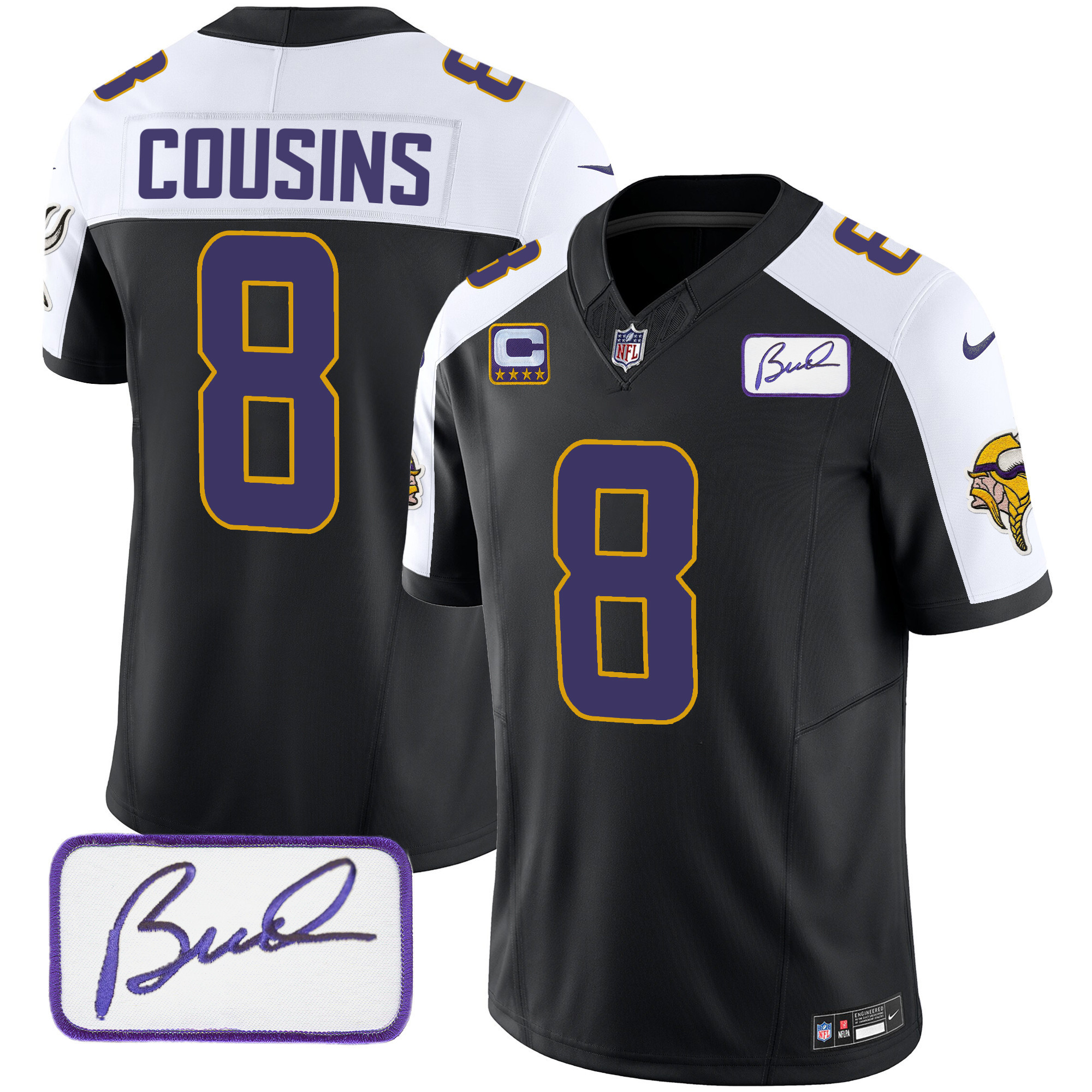 Kirk Cousins Men's Minnesota Vikings Bud Grant Patch Classic Limited Black Alternate Jersey - All Stitched