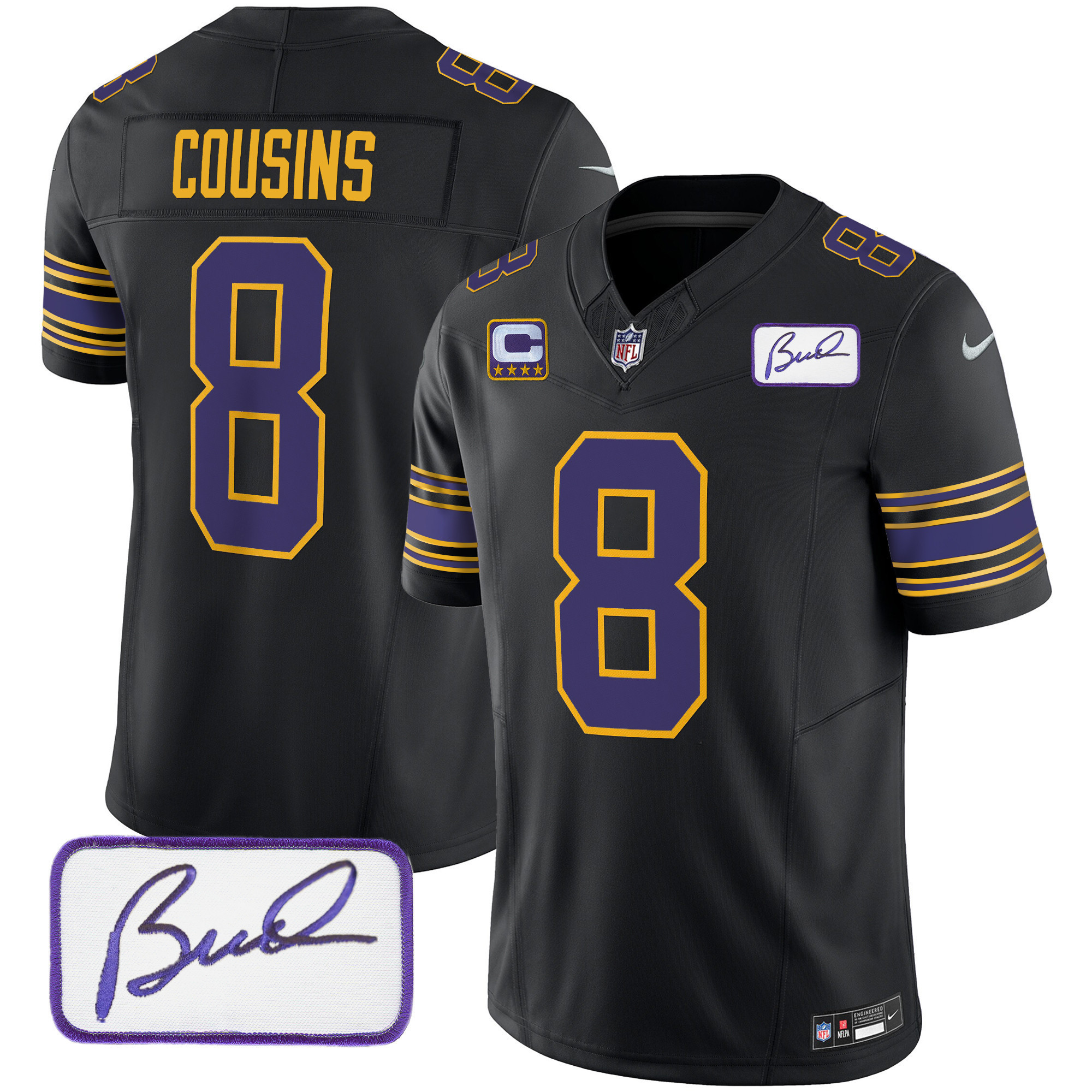 Kirk Cousins Men's Minnesota Vikings Bud Grant Patch Classic Limited Black Jersey - All Stitched