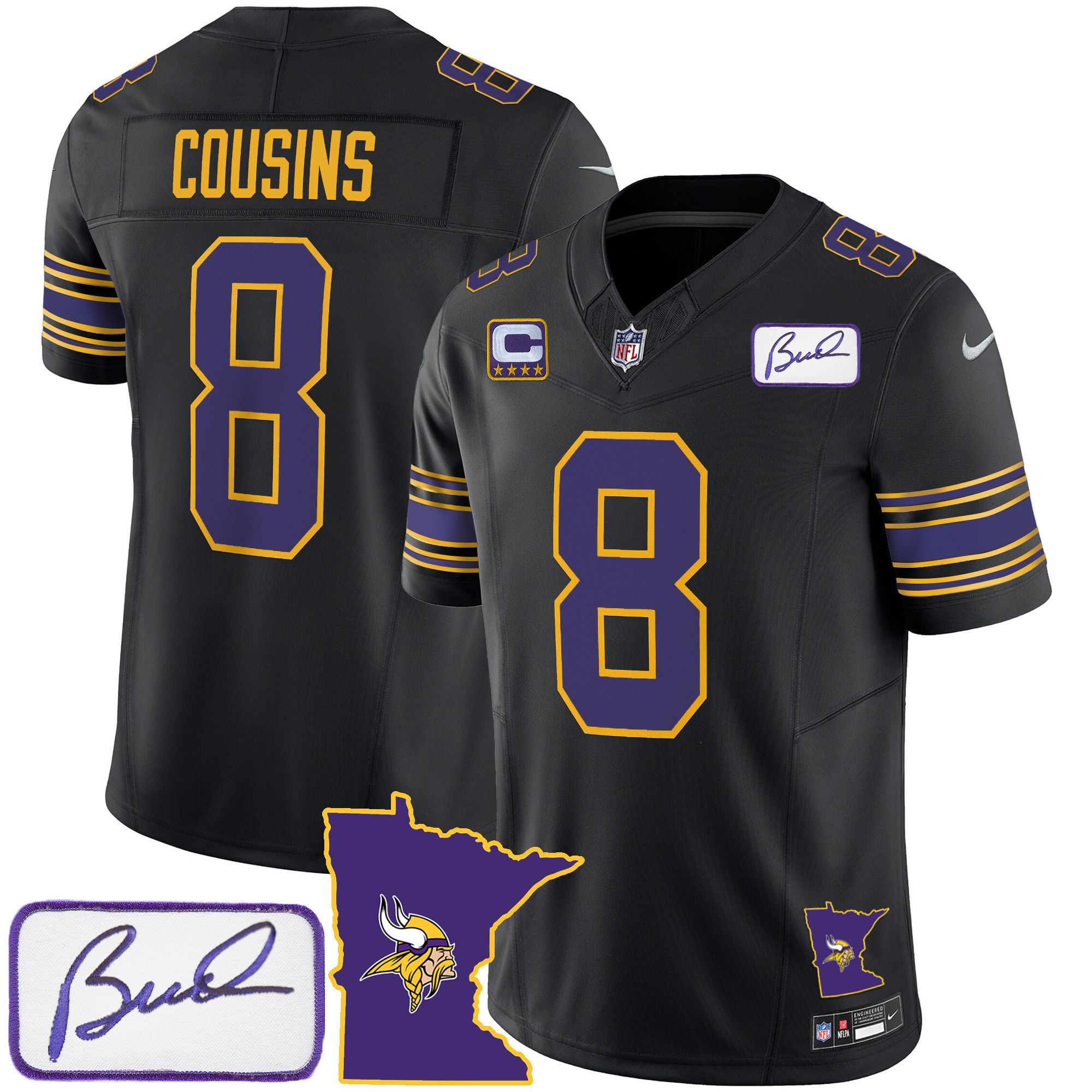 Kirk Cousins Men's Minnesota Vikings Bud Grant Patch Classic Limited Black Jersey - All Stitched