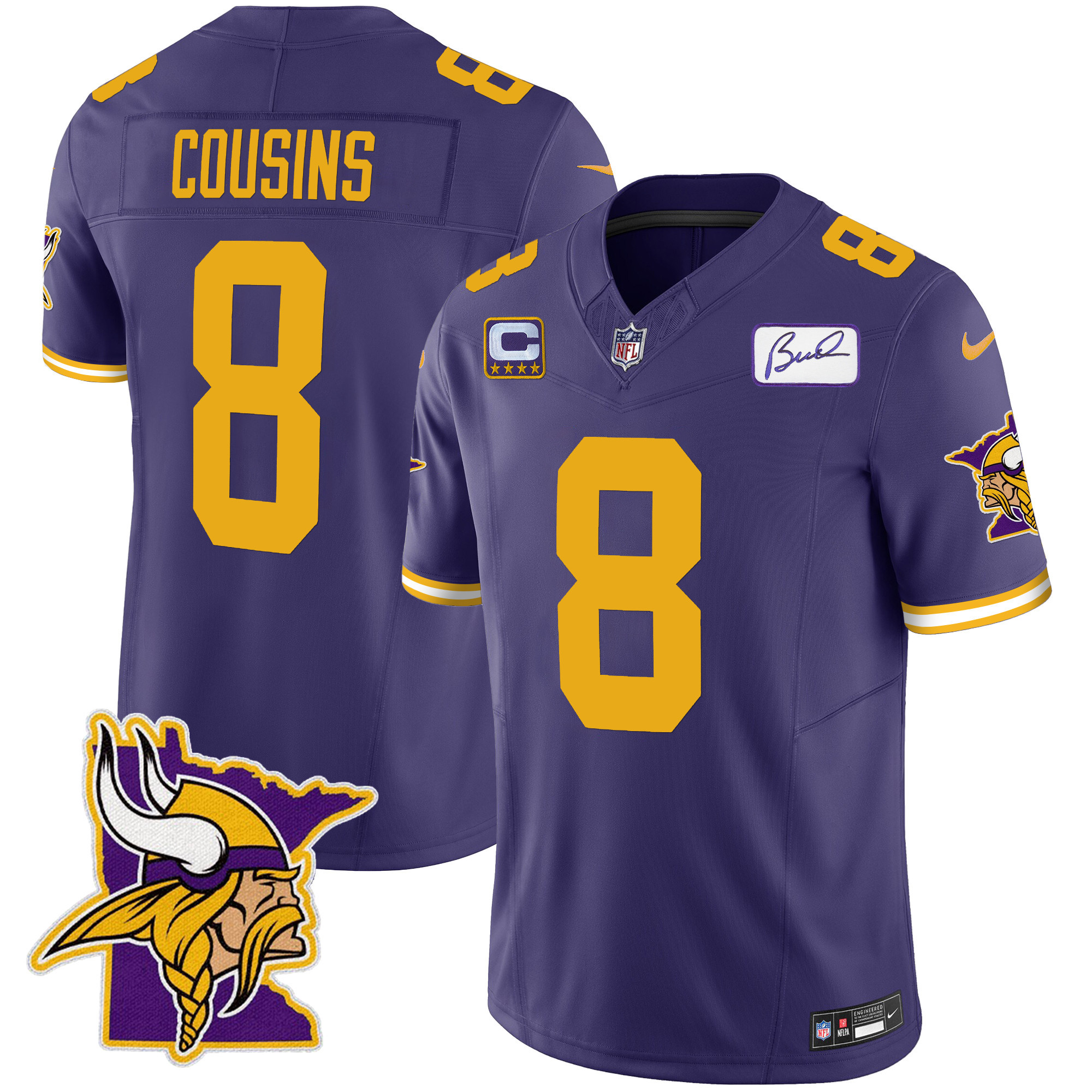 Kirk Cousins Men's Minnesota Vikings Bud Grant Patch Classic Limited Color Rush Jersey - All Stitched