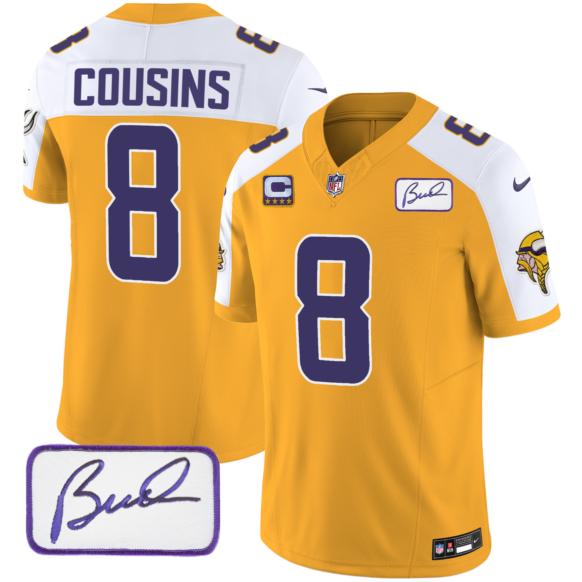 Kirk Cousins Men's Minnesota Vikings Bud Grant Patch Classic Limited Gold Alternate Jersey - All Stitched