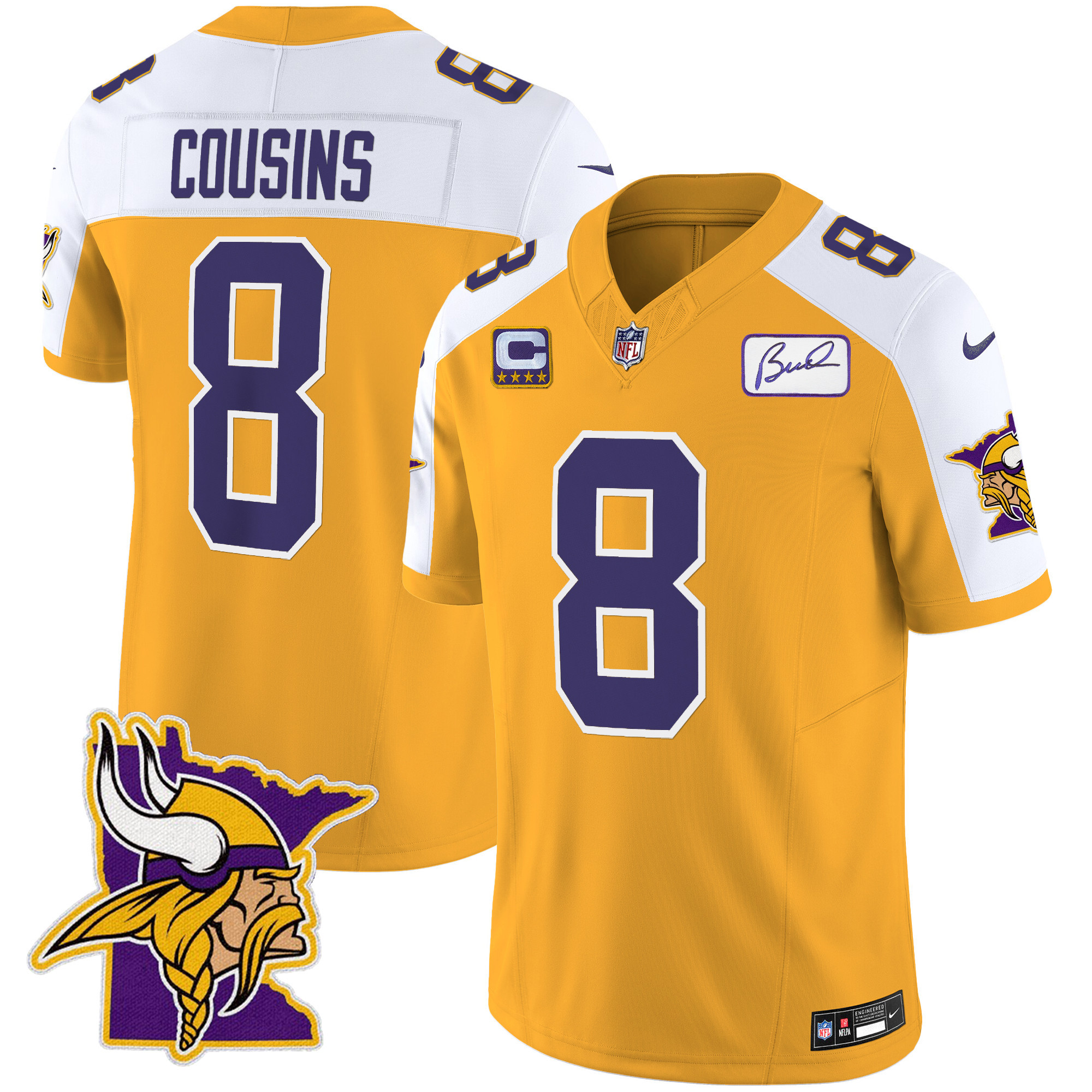 Kirk Cousins Men's Minnesota Vikings Bud Grant Patch Classic Limited Gold Alternate Jersey - All Stitched