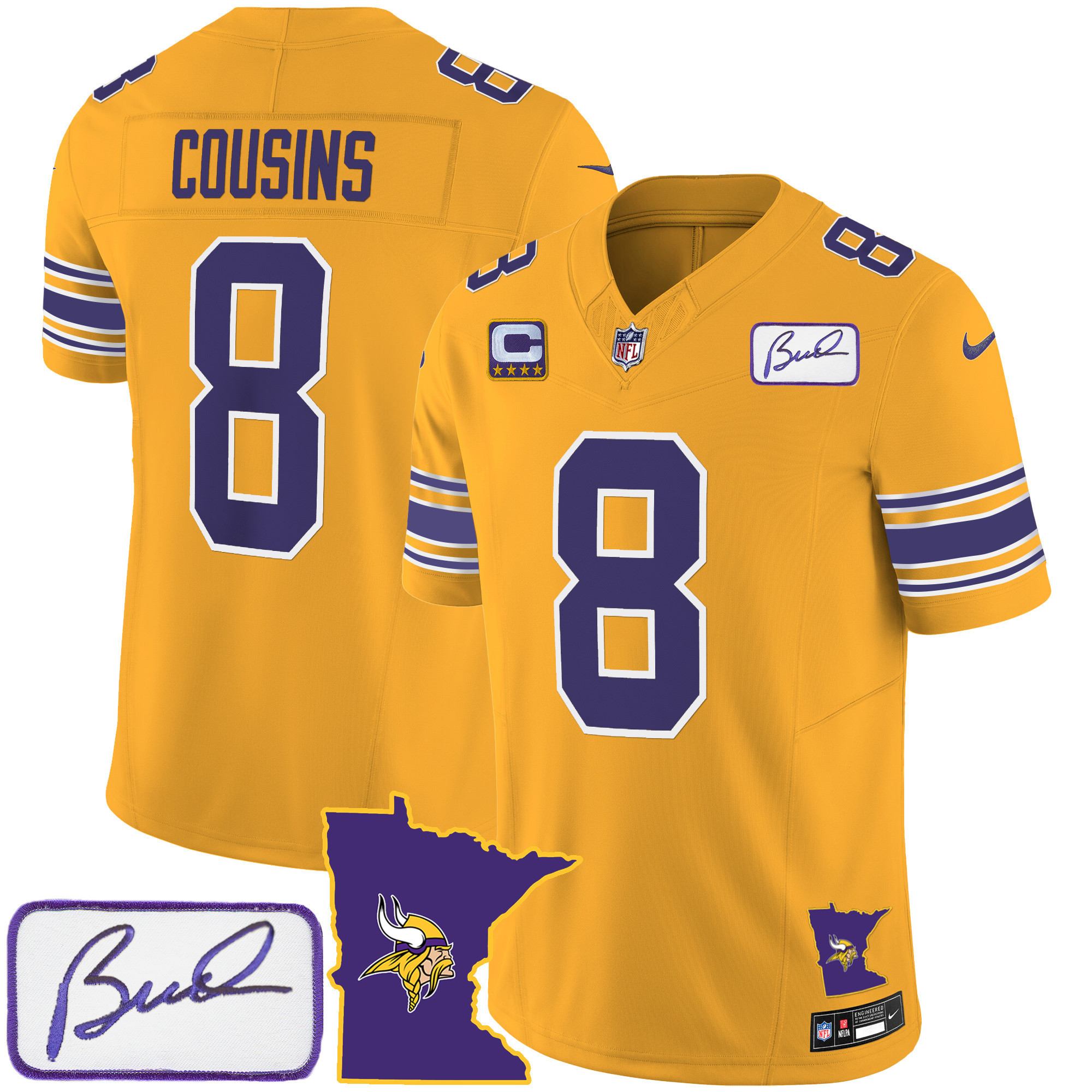 Kirk Cousins Men's Minnesota Vikings Bud Grant Patch Classic Limited Gold Jersey - All Stitched
