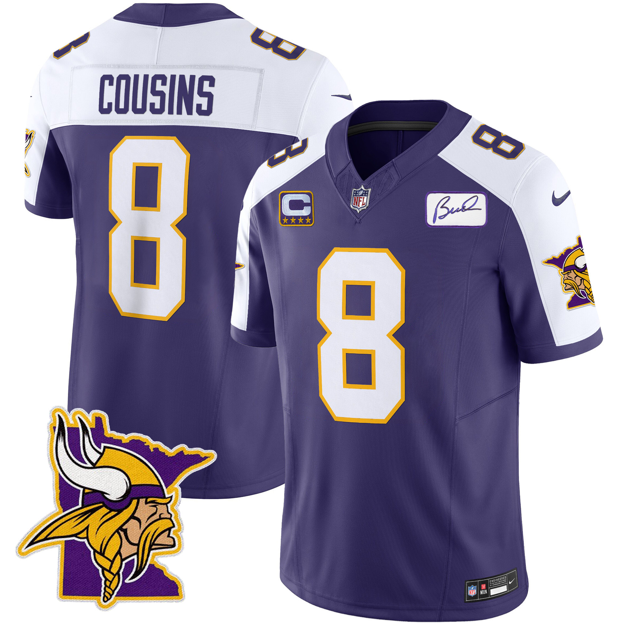 Kirk Cousins Men's Minnesota Vikings Bud Grant Patch Classic Limited Purple Alternate Jersey - All Stitched