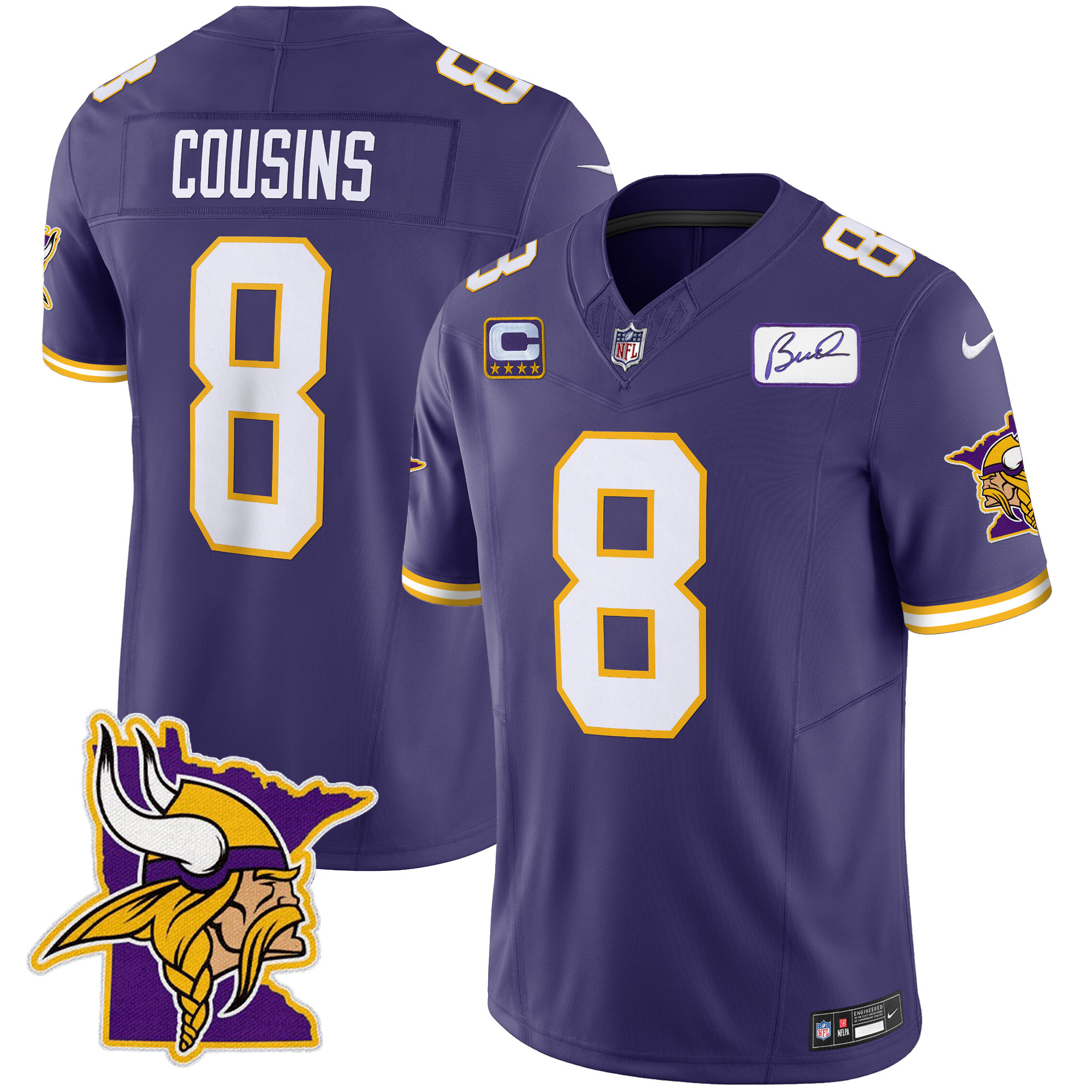 Kirk Cousins Men's Minnesota Vikings Bud Grant Patch Classic Limited Purple Jersey - All Stitched