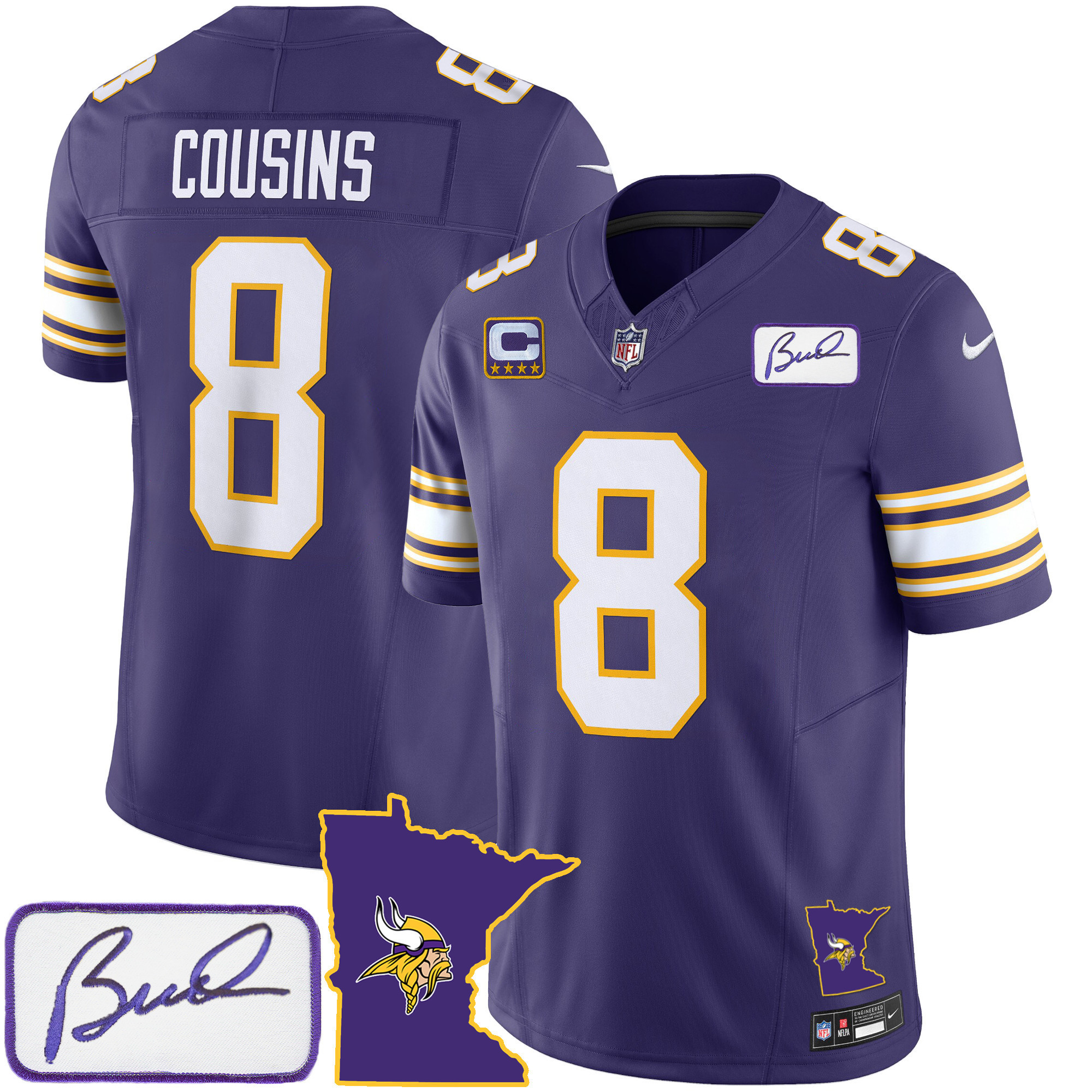 Kirk Cousins Men's Minnesota Vikings Bud Grant Patch Classic Limited Purple Jersey - All Stitched