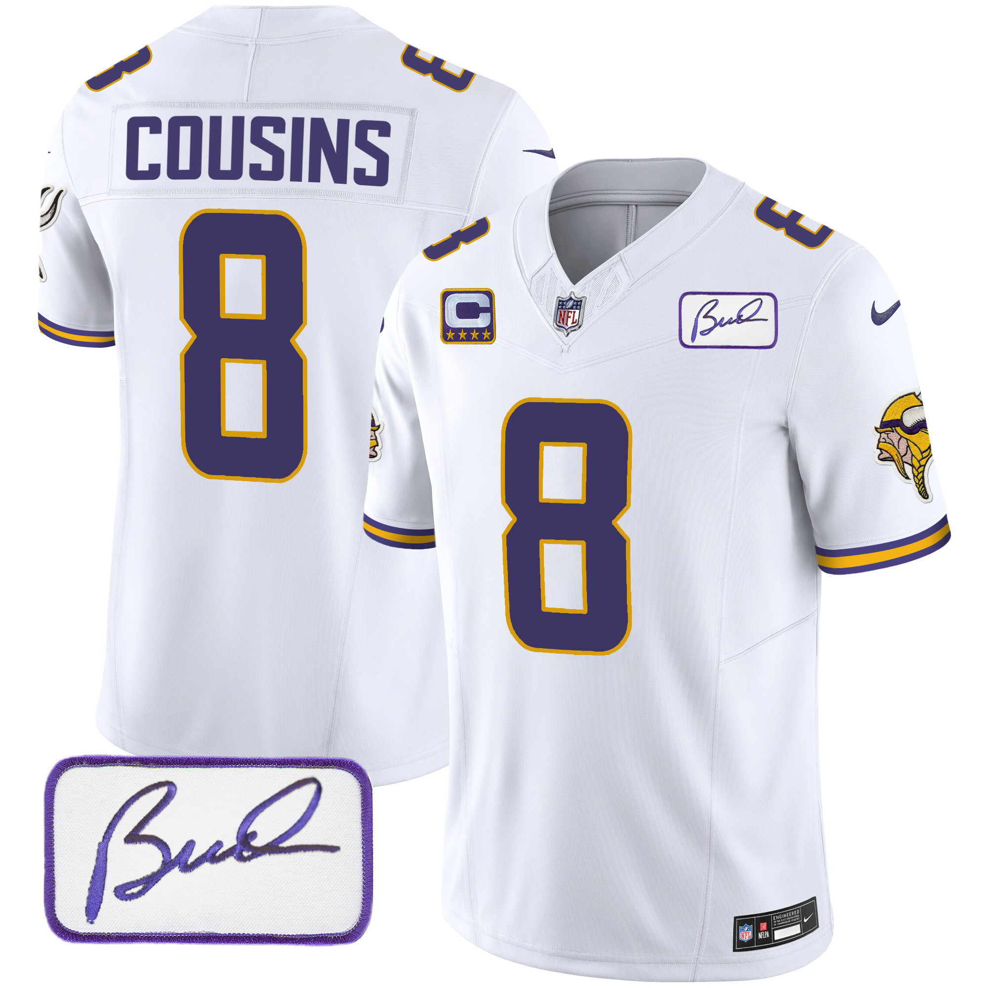 Kirk Cousins Men's Minnesota Vikings Bud Grant Patch Classic Limited White Jersey - All Stitched