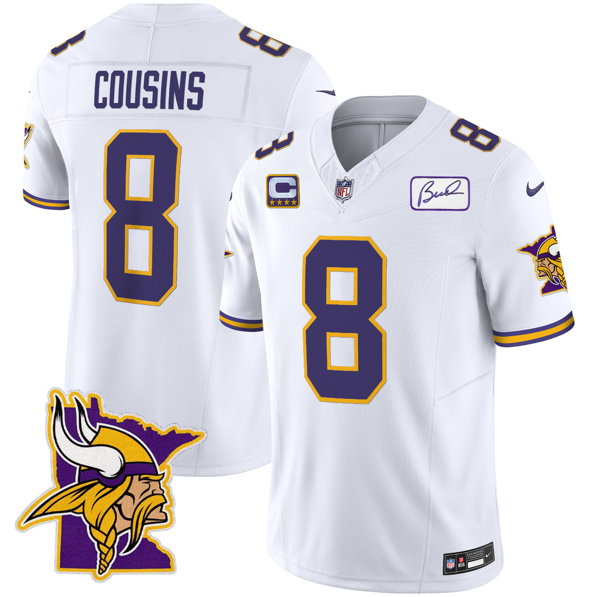Kirk Cousins Men's Minnesota Vikings Bud Grant Patch Classic Limited White Jersey - All Stitched