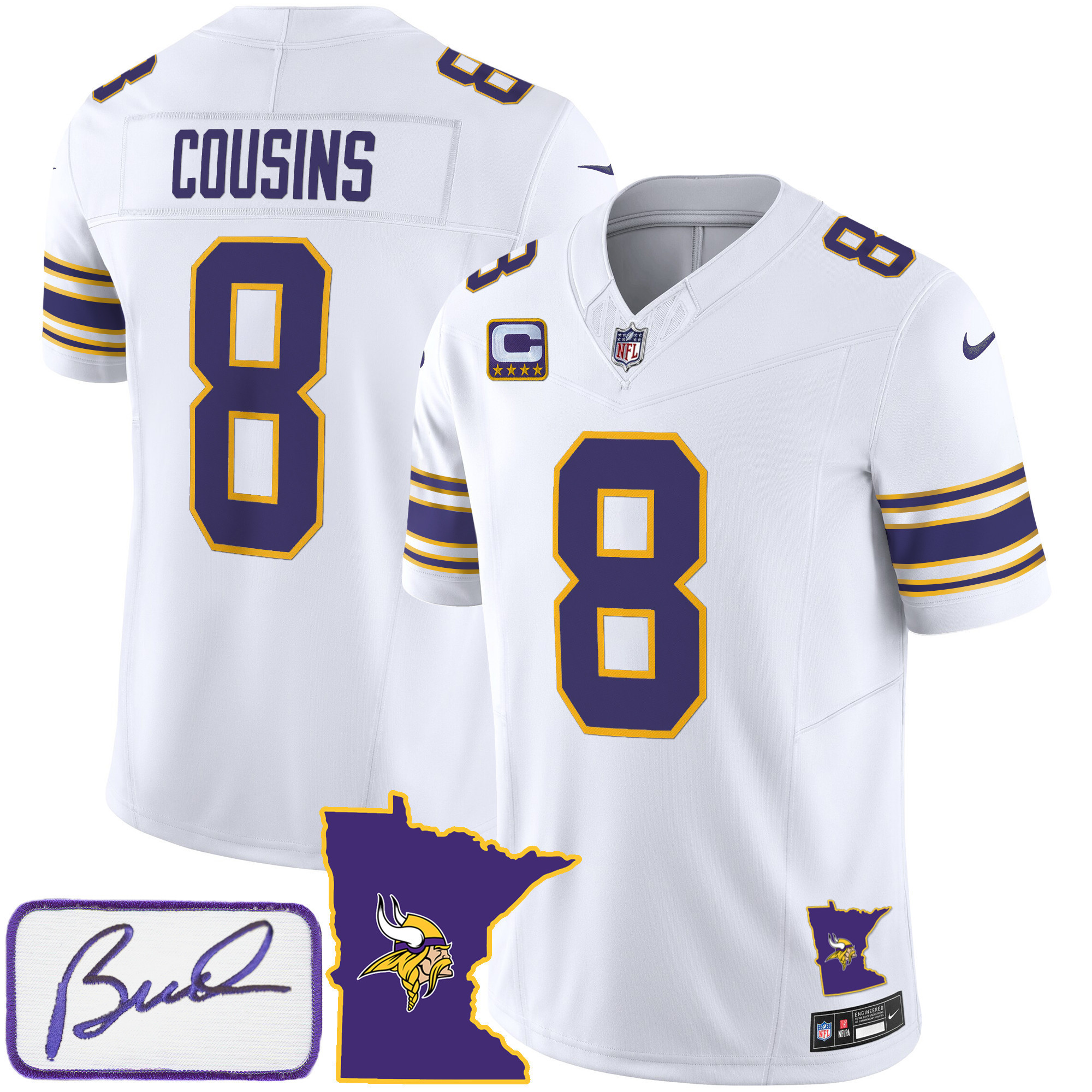 Kirk Cousins Men's Minnesota Vikings Bud Grant Patch Classic Limited White Jersey - All Stitched