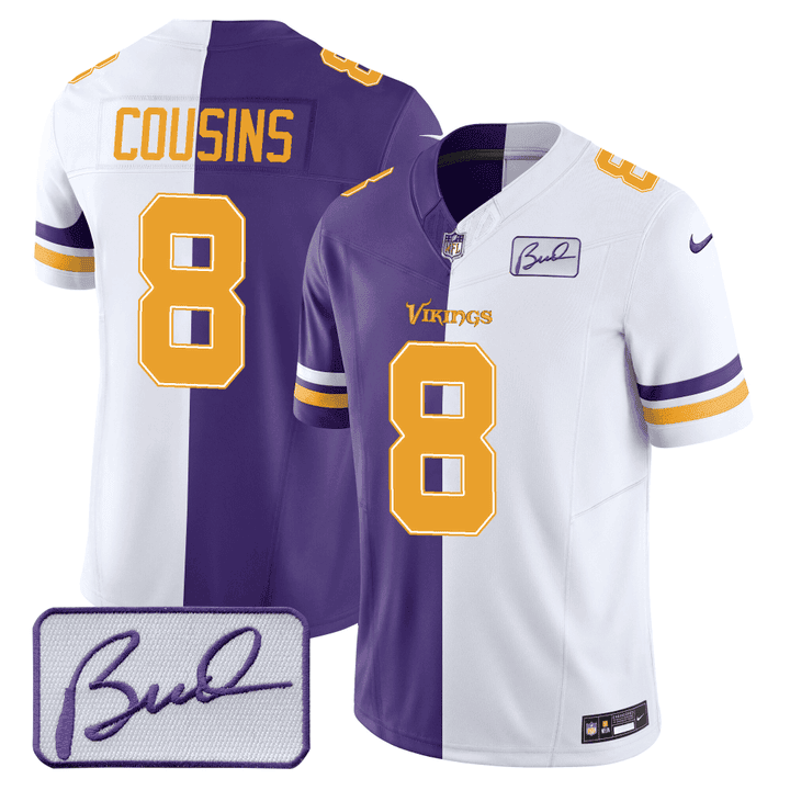 Kirk Cousins Men's Minnesota Vikings Bud Grant Patch Purple/ White Split Split Jersey - All Stitched