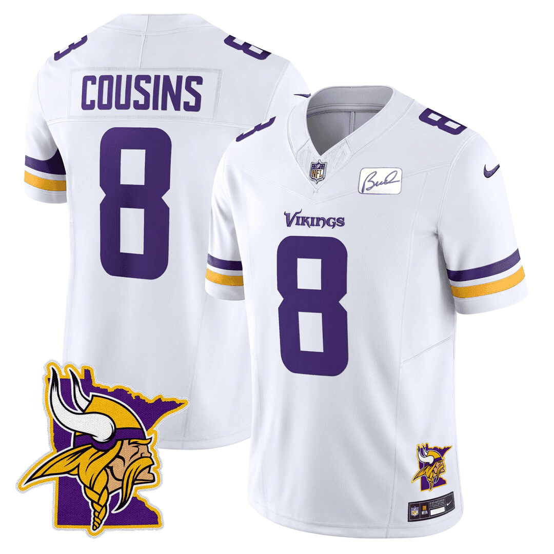 Kirk Cousins Men's Minnesota Vikings Honor Bud Grant & Minnesota Map Patch Limited White Jersey - All Stitched
