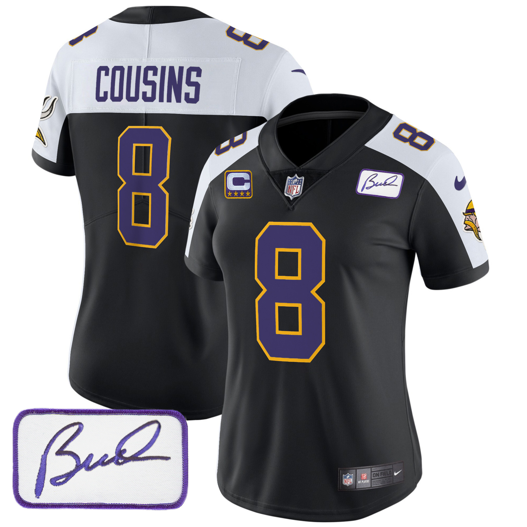 Kirk Cousins Women's Minnesota Vikings Bud Grant Patch Classic Limited Black Alternate Jersey - All Stitched